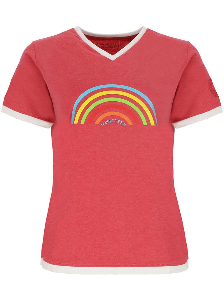 Wattlöper T-Shirt 11367 Damen Kurzarm-Shirt V-Ausschnitt mit Regenbogen-Print Sommershirt & Freizeitshirt mit farblich abgesetzten Details