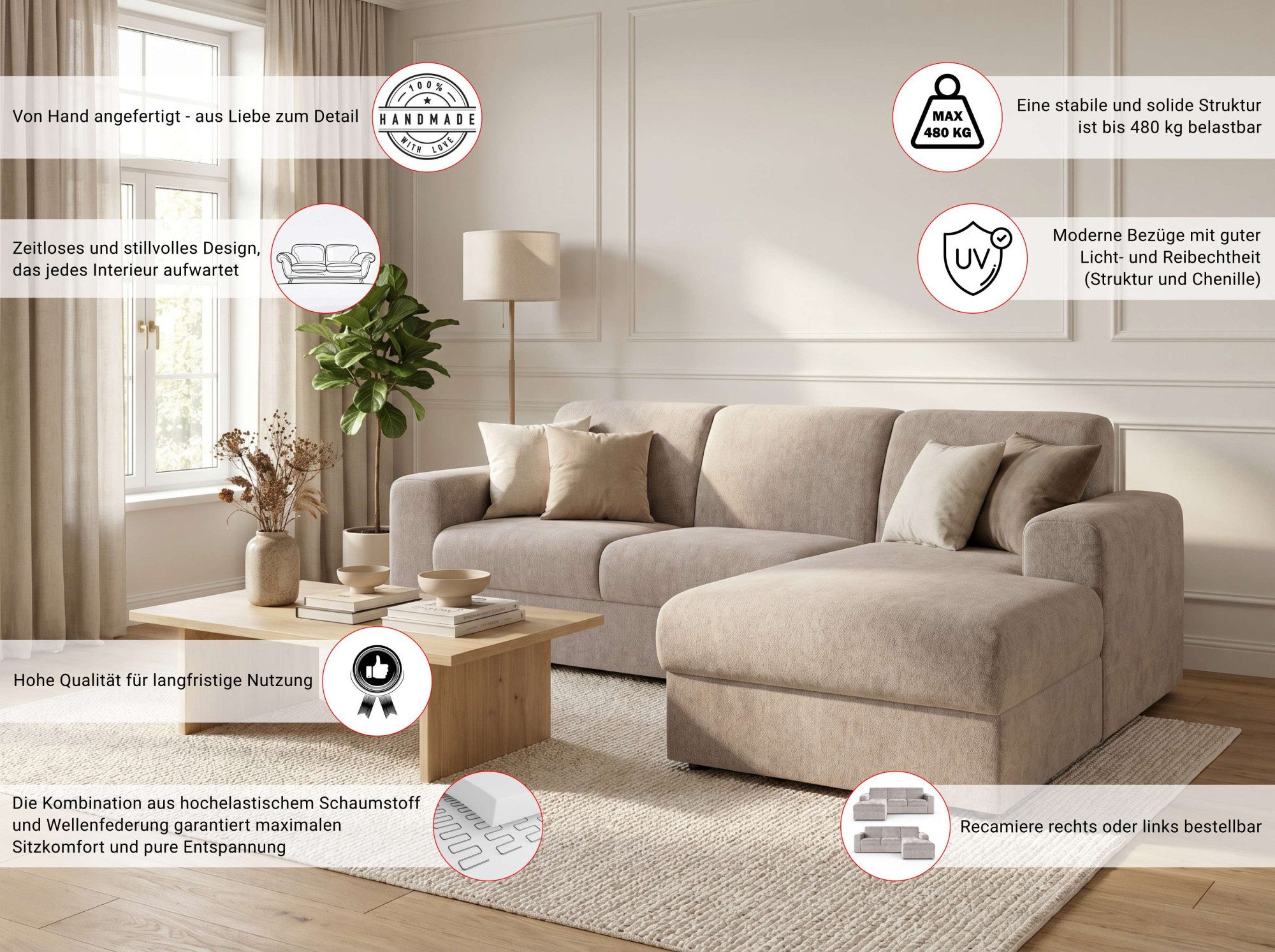 OTTO home Ecksofa BORNHOLM 2.0 L-Form, Breite 220 cm, Verlässliche Qualität, Struktur, Recamiere links/rechts bestellbar, Bezug - Chenille oder Struktur