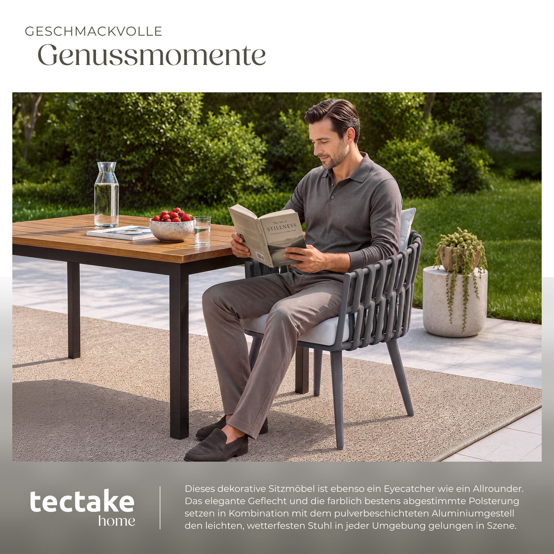 tectake Gartenstuhl Alu Outdoorstuhl mit Rope-Design, wetterfest, dicke Polsterung (Balkonstuhl Lugano, 1 St), Belastbarkeit 120 kg, Inkl. Sitzpolster und Rücke – Bild 4 von 5