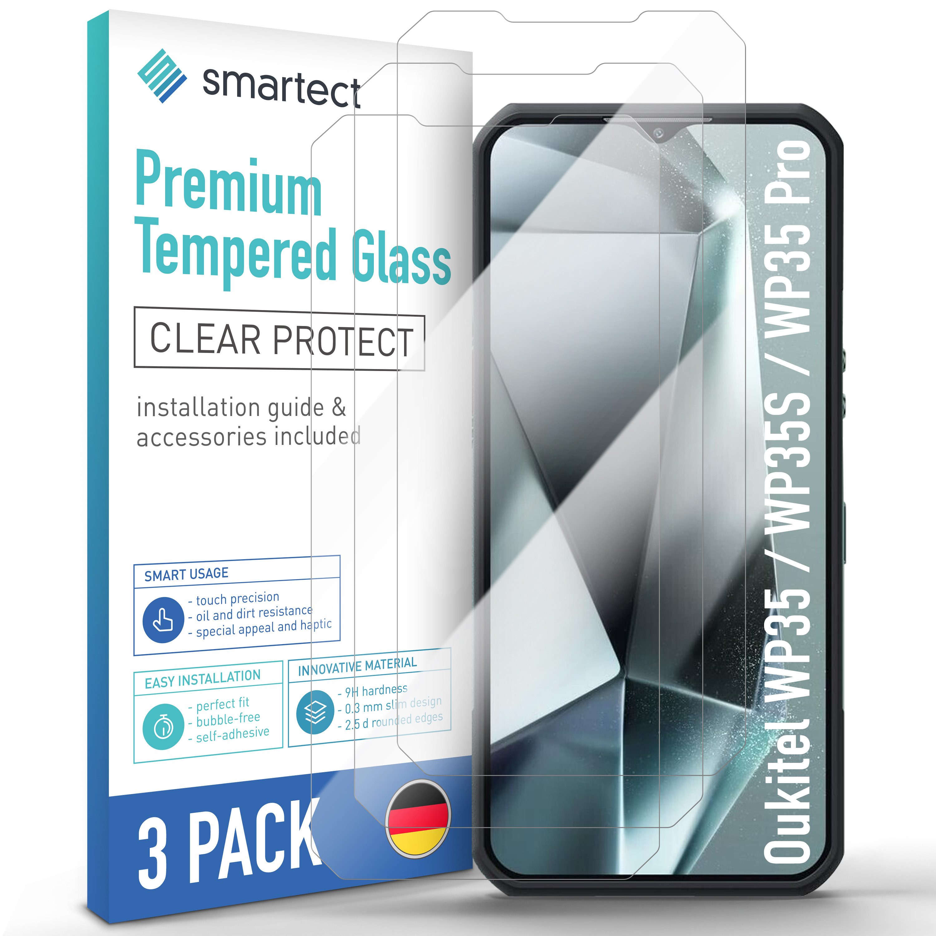 smartect Displayschutzglas Schutzglas Klar für Oukitel WP35 / WP35S / WP35 Pro, 3 Stück für Oukitel WP35 / WP35S / WP35 Pro, 3 Stück, Anti-Fingerabdruck, 9H HŠrte, Blasenfreie Installation