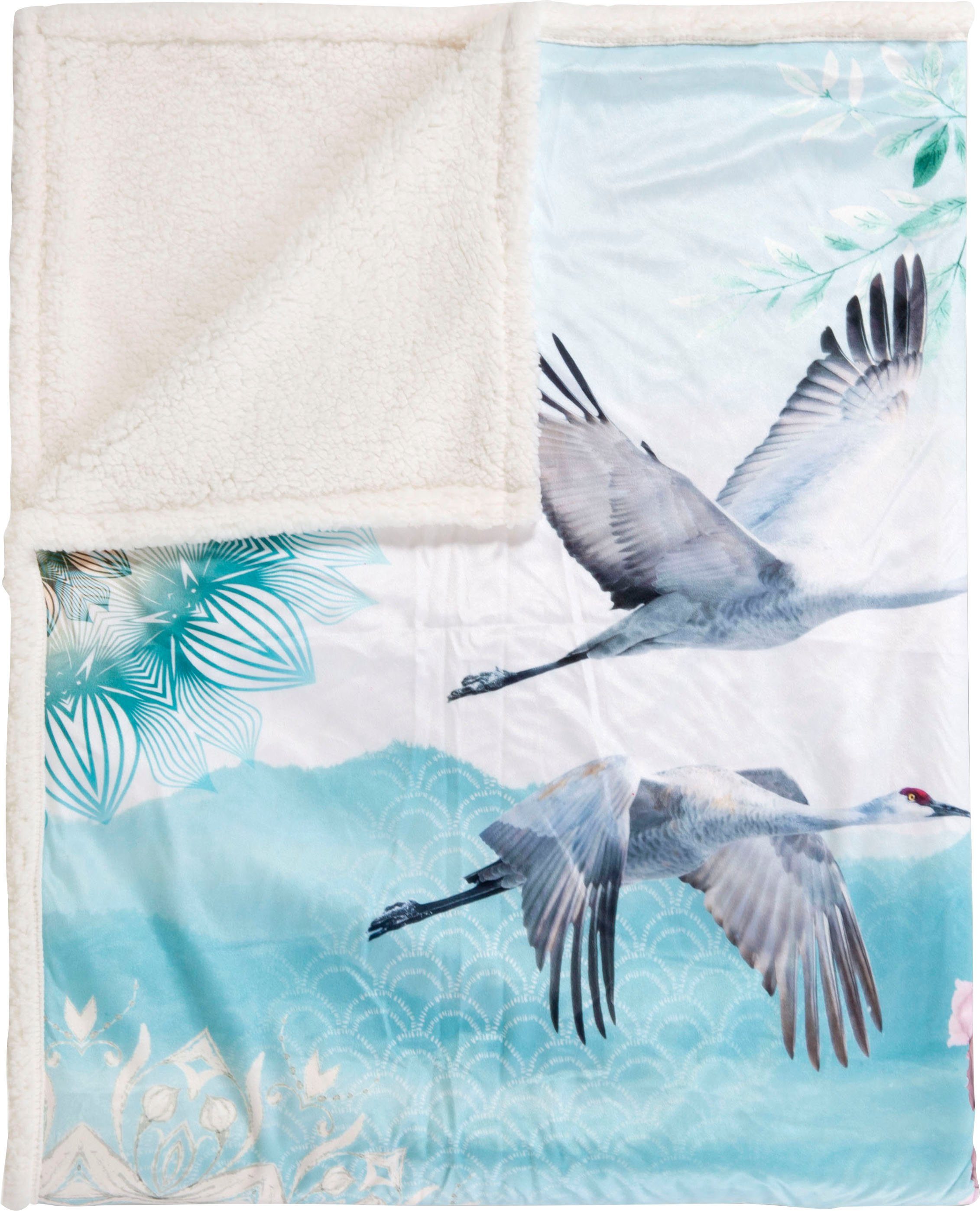 Plaid Bindi, hip, Sehr Weich, Kuscheldecke, 130x160 cm, Wendeoptik, Vogel, Grün