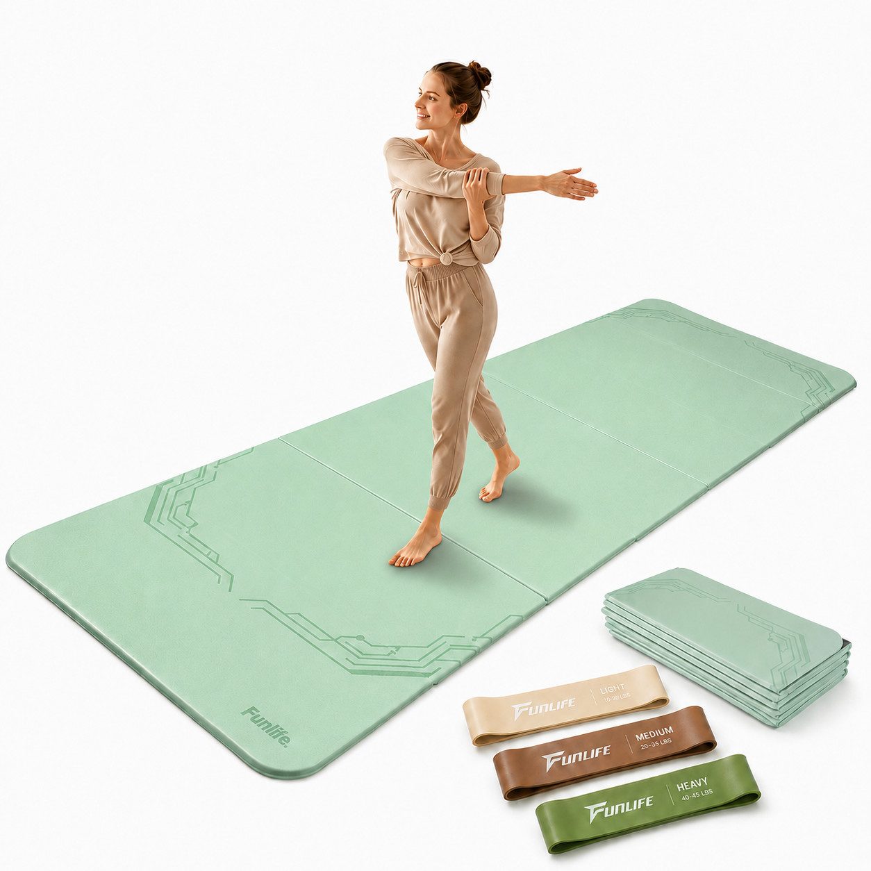 FunLife Yogamatte FOLD Design-Edition (Einzelmatte), 10 mm dick, faltbar, platzsparend, 190 × 66 cm