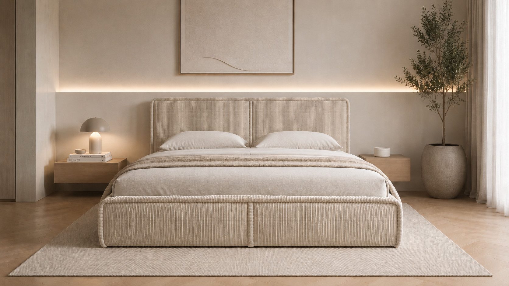 MOEBLO Polsterbett BETT 04 (Bezug: aus Cord, Doppelbett mit Kopfstütze, Rahmenbettgestell 180x200, mit Bettkasten und Lattenrost), mit Bettkasten