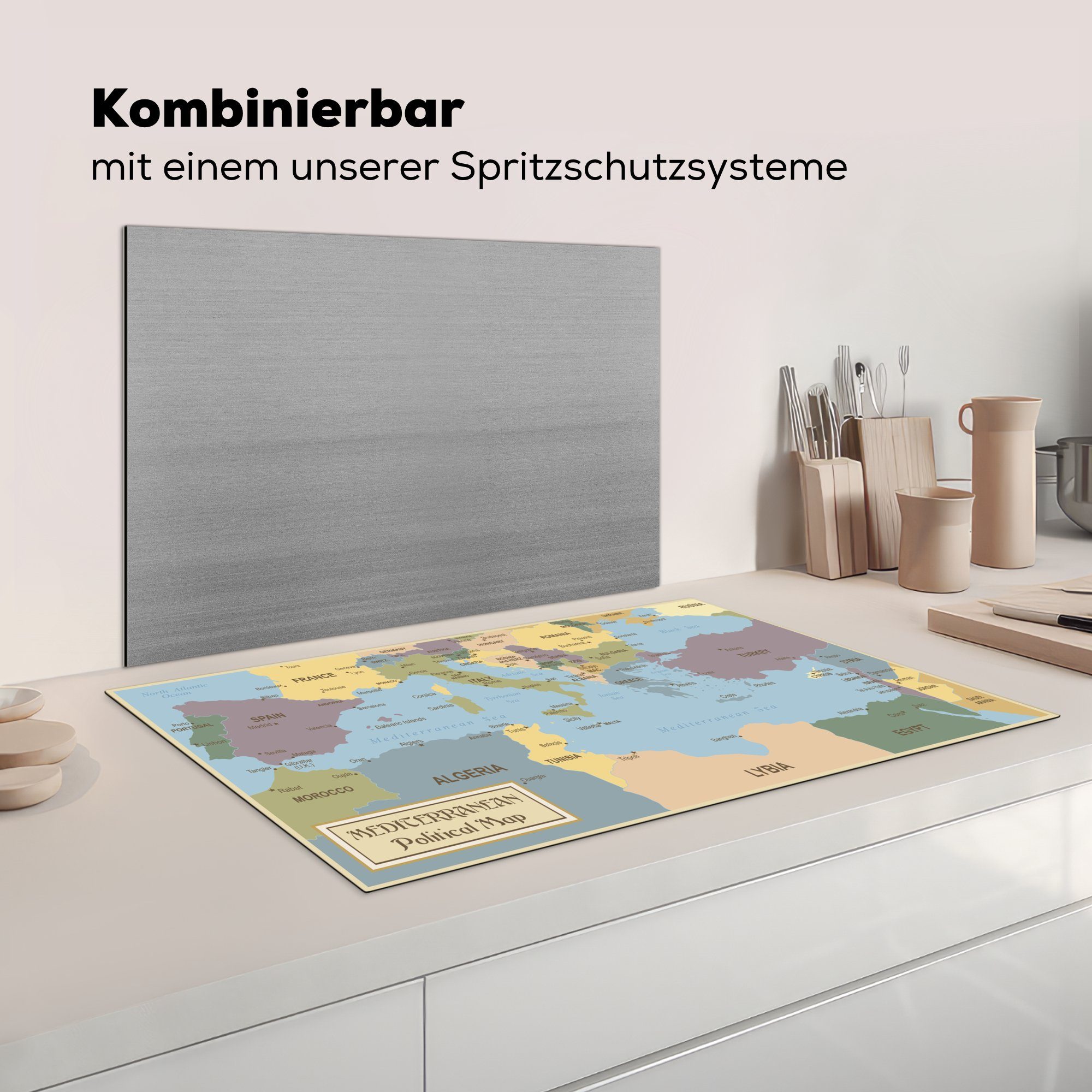 für Mittelmeerraums, Herdblende-/Abdeckplatte Arbeitsplatte tlg), Ceranfeldabdeckung, Eine Illustration 83x51 küche cm, des Vinyl, MuchoWow (1