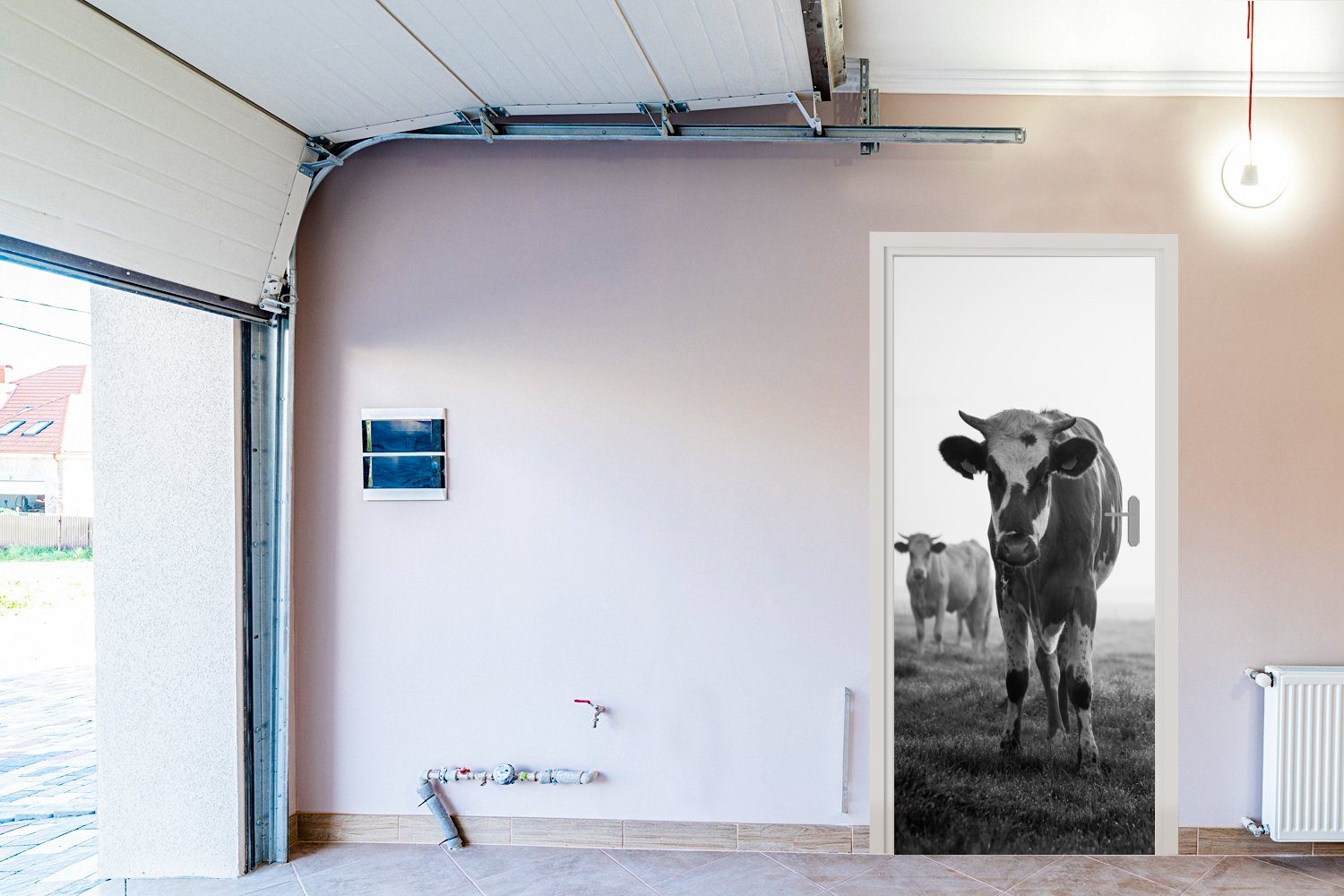 MuchoWow Türtapete Kühe Türaufkleber, Morgennebel St), für bedruckt, Foto, 75x205 cm (1 Tür, Fototapete Matt, schwarz-weiß im