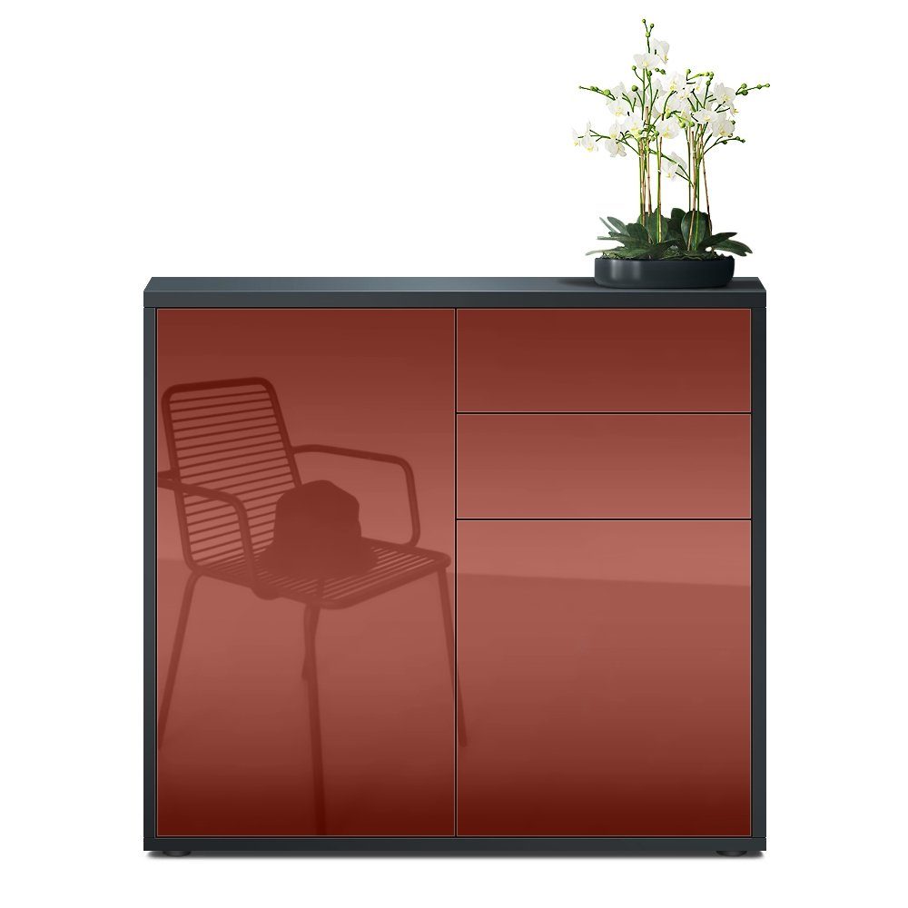 Vladon Kommode Ben V1 (Kommode, mit 2 Türen und 2 Schubladen), Schwarz matt/Bordeaux Hochglanz (79 x 74 x 36 cm)