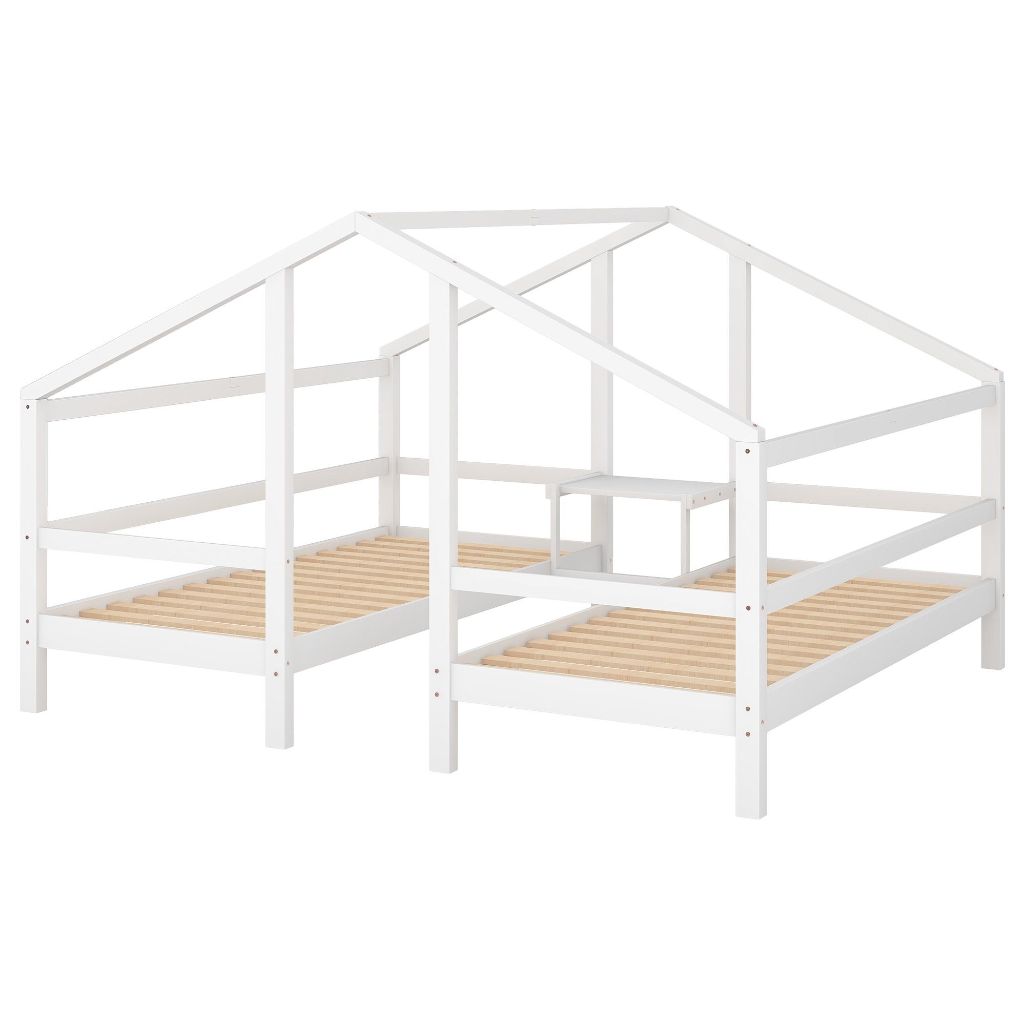 Kinderbett (Jugendbett Einzelbett), 90x200 cm Hausbett für 2 Kinder, mit Rausfallschutz und Lattenrost
