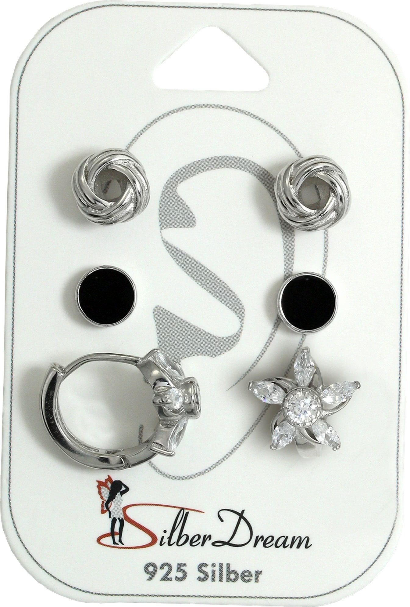 SilberDream Paar Ohrstecker SilberDream Zirkonia 3er Set Ohrringe ( Ohrstecker, 3-tlg), Ohrstecker (Knoten, Rund, Blume) 925 Sterling Silber,  Farbe: weiß, sch