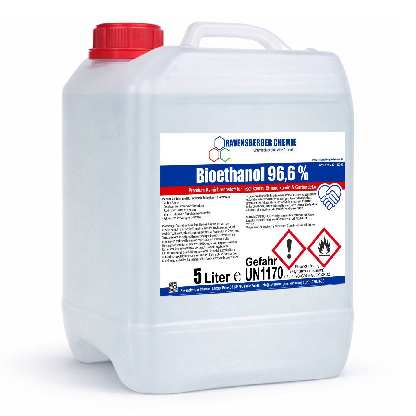 Ravensberger Chemie Bioethanol 96,6 % Premium Kamin Brennstoff für Tischkamin Ethanol Kamin - 5L, 5 l, Premium Bioethanol 96,6 % für Tischkamin & Ethanolkamin - 5L