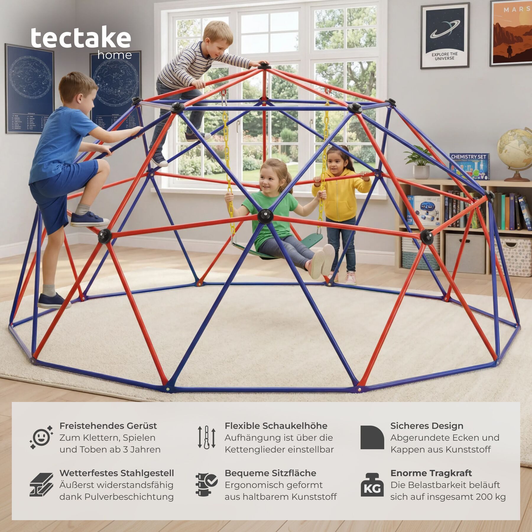 tectake Klettergerüst Spielgerüst mit Schaukel, ab 3 Jahren, Ø 305 cm, wetterfest, (Kletterturm Freeclimber, in bunt), Belastbarkeit 200 kg, pulverbeschichtetes Stahlgestell