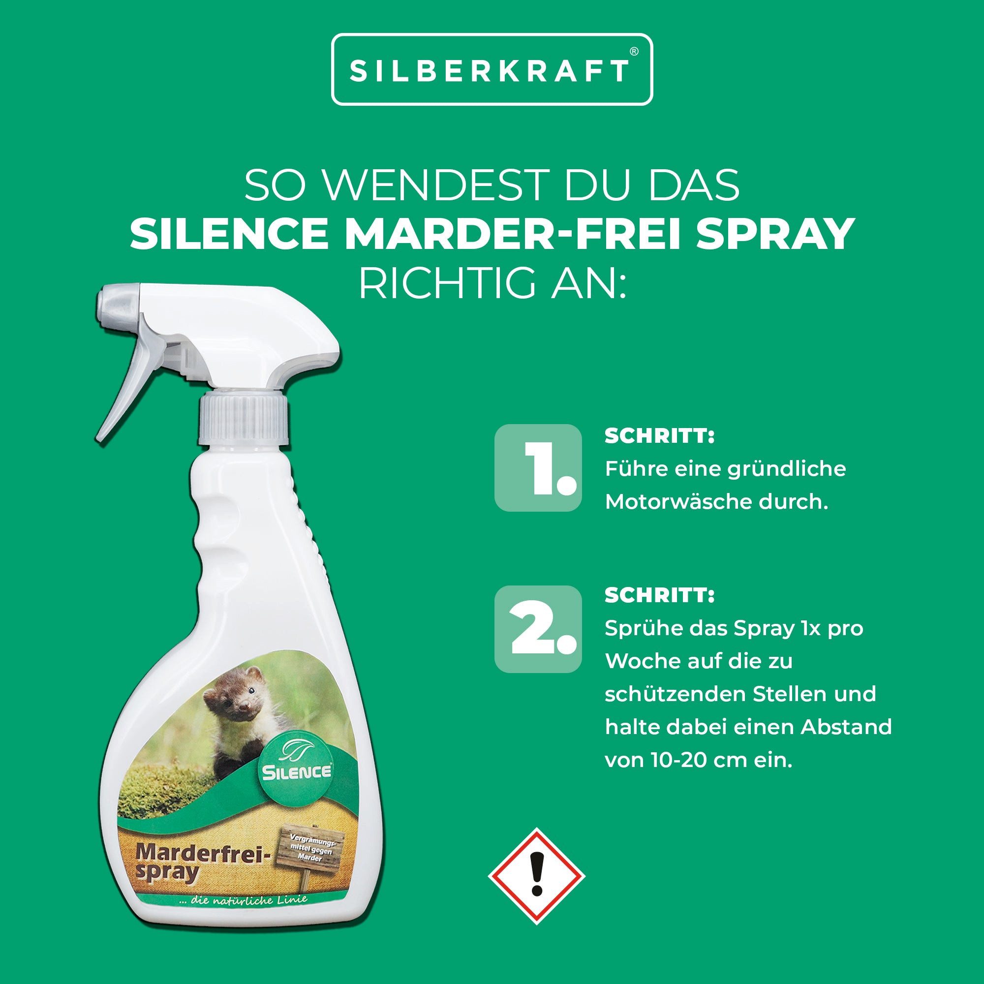 Silberkraft Marderspray Silence Marder-Frei Spray zur Marderabwehr am Auto, schützt Kabel, 500 ml, für Garage, Carport, Stellplatz und Parkplatz, einfache Anwendung