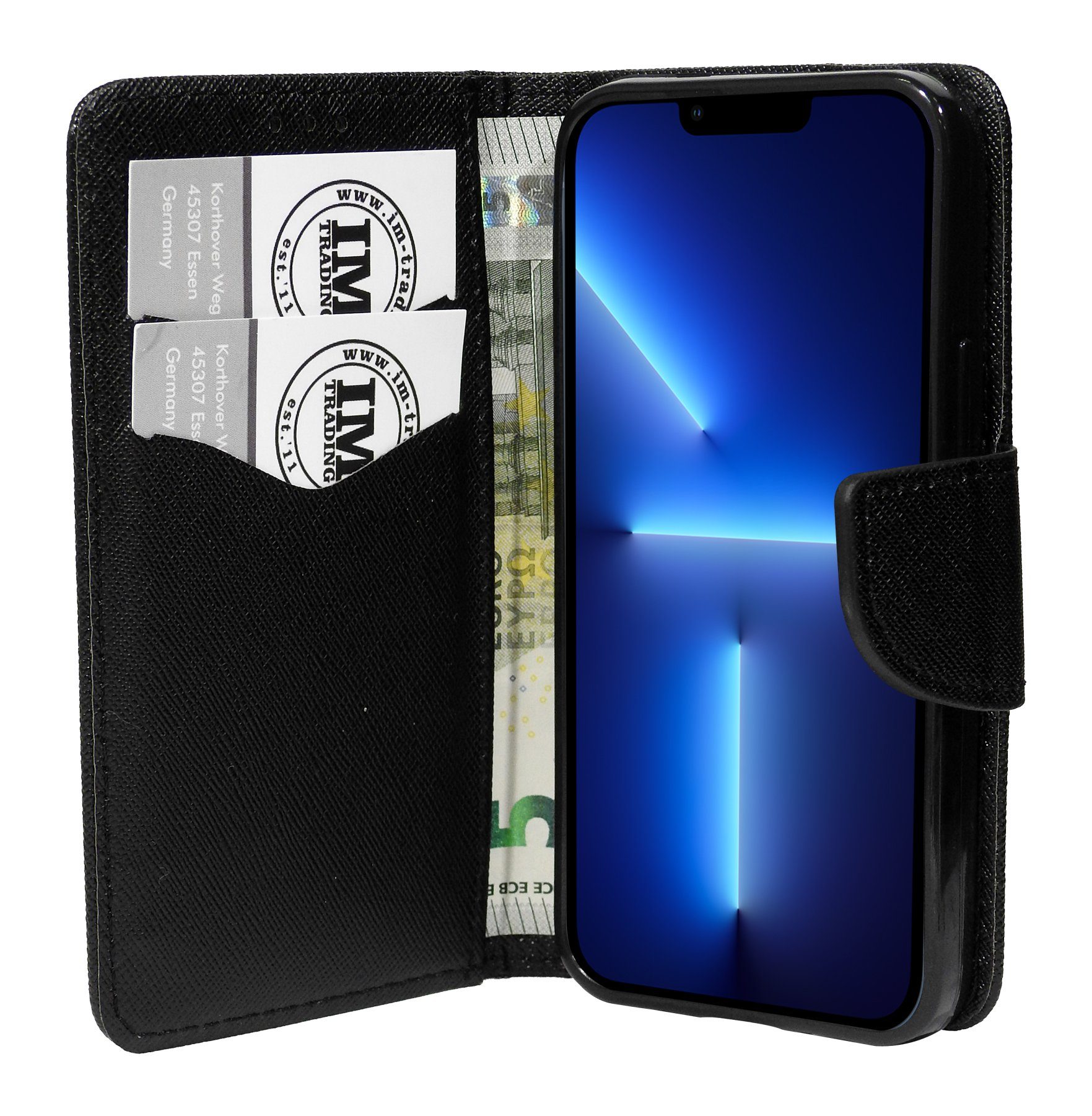 Handyhülle Buch Tasche "Fancy" für iPhone 13 Pro Max, Kunstleder Schutzhülle Handy Wallet Case Cover mit Kartenfächern, Standfunktion Schwarz