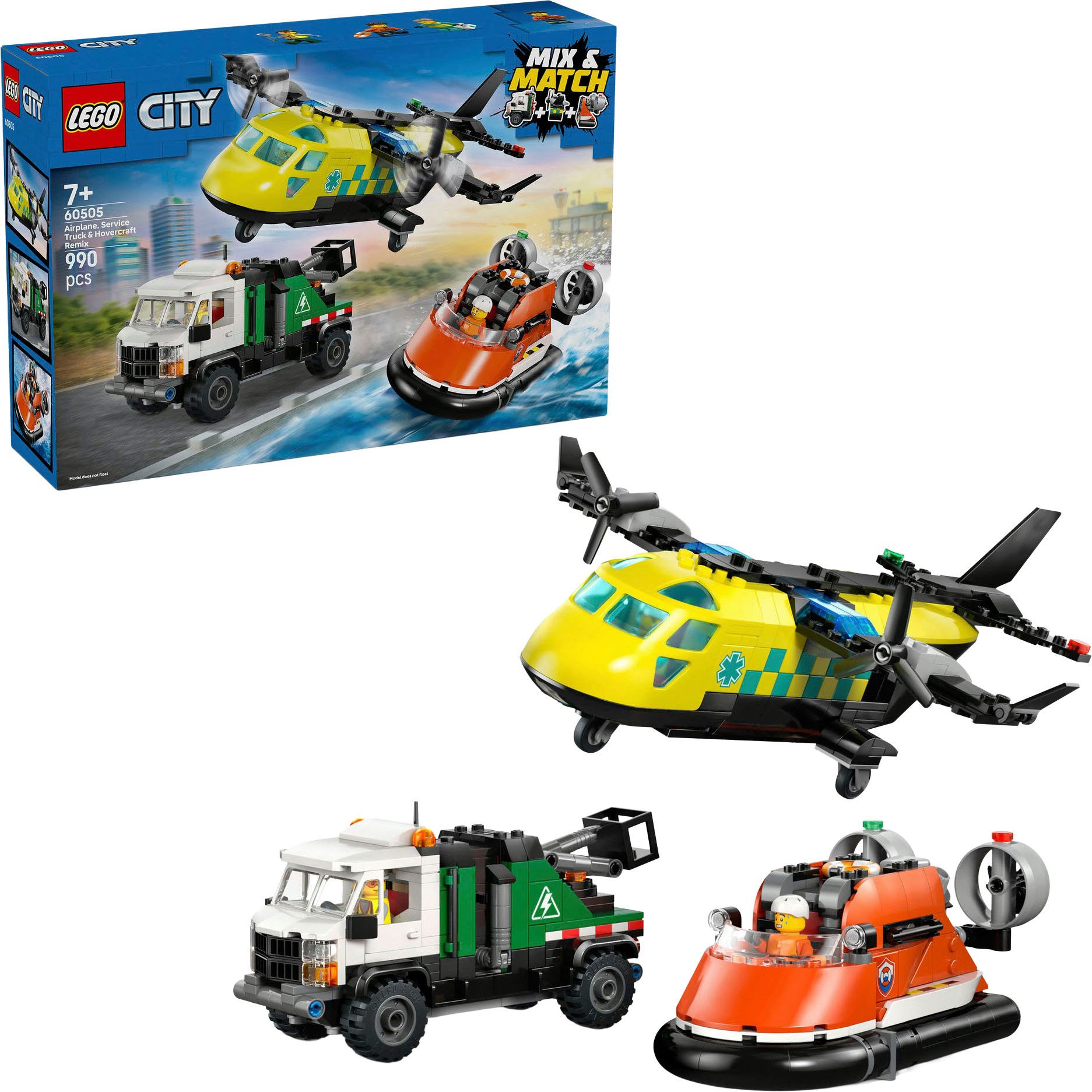 LEGO® Kombinationsset m Flugzeug, Wartungsfahrzeug u Luftkissenboot (60505) Konstruktionsspielsteine, (990 St), LEGO City; Made in Europe