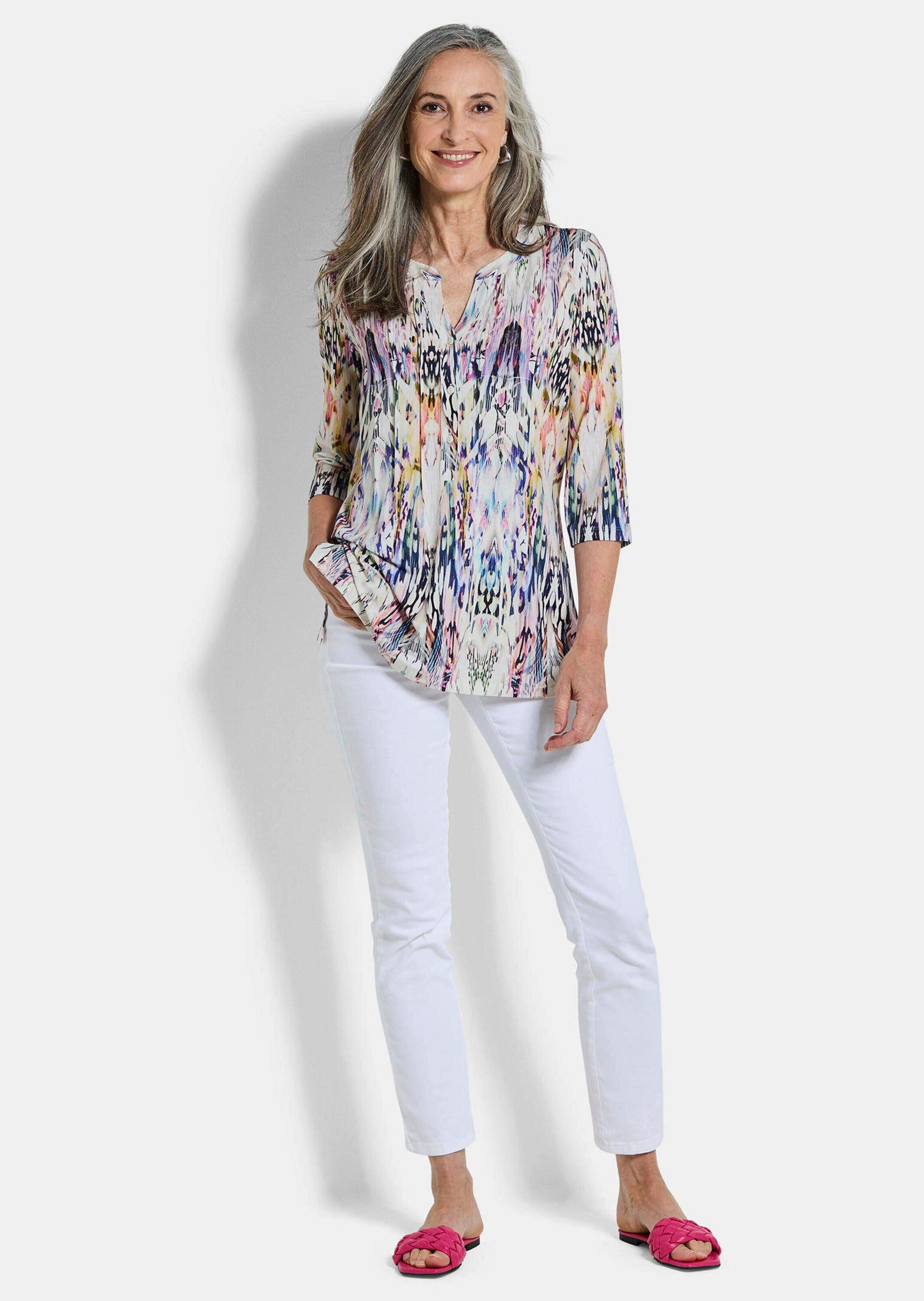 GOLDNER Tunika Sommertunika mit Biesen Druckbluse mit U-Boot-Ausschnitt mit V, Seitenschlitzen und 3/4-Arm
