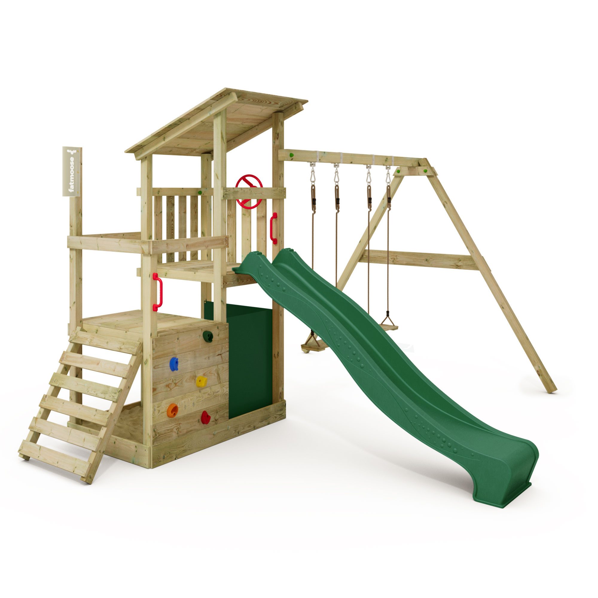 FATMOOSE Spielturm FruityForest Holz-Kletterturm mit Wellenrutsche, Schaukel & Sandkasten, - extrem witterungsbeständig mit 10 Jahren Garantie*