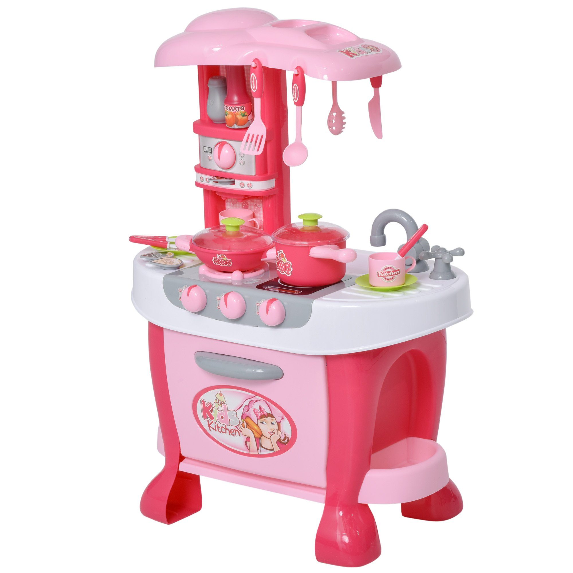 HOMCOM Spielküche Kinderküche mit Zubehör PP, Rosa 51 x 30 x 73 cm