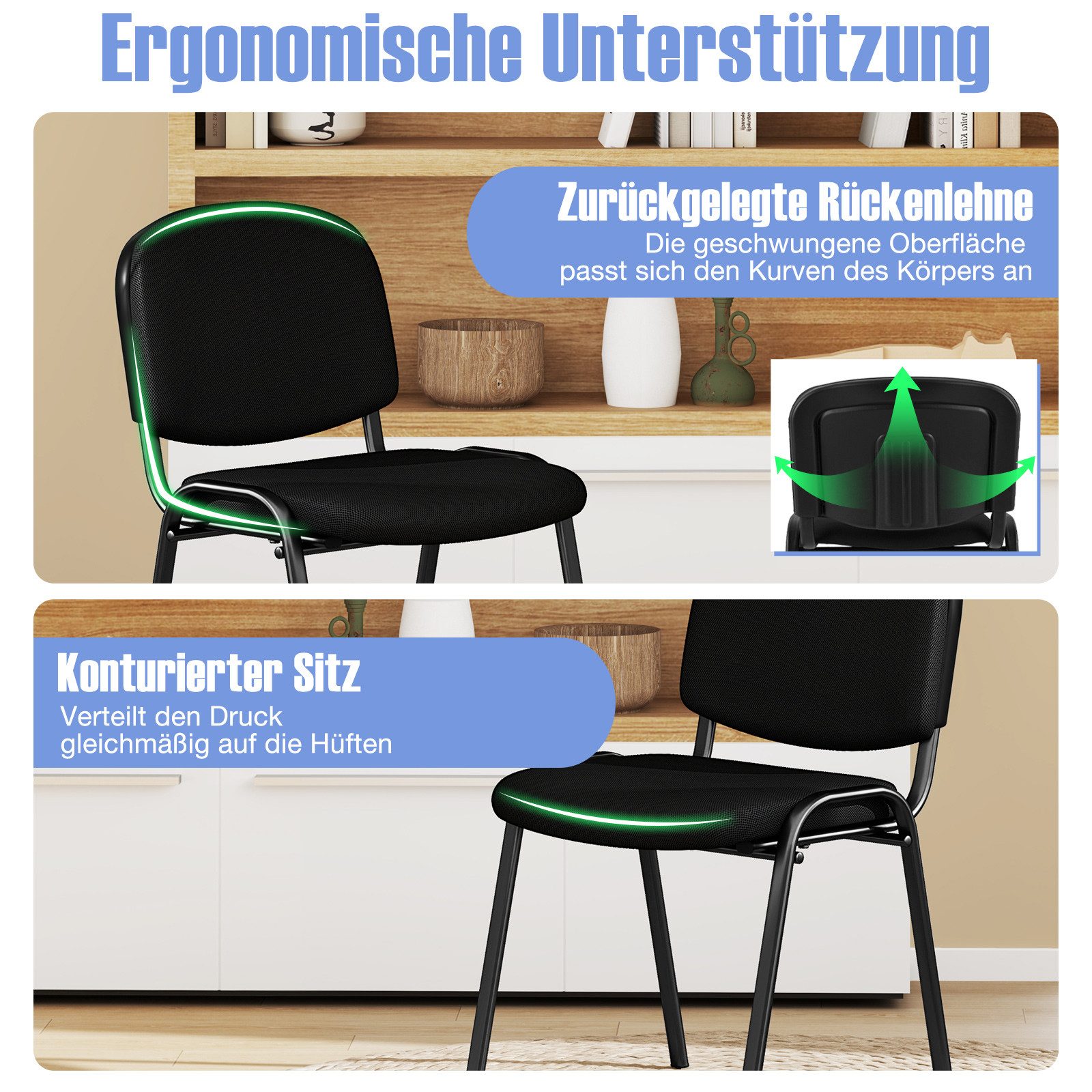 COSTWAY Bürostuhl (5 St), Ergonomisch ohne armlehnen, 150kg, Schwarz