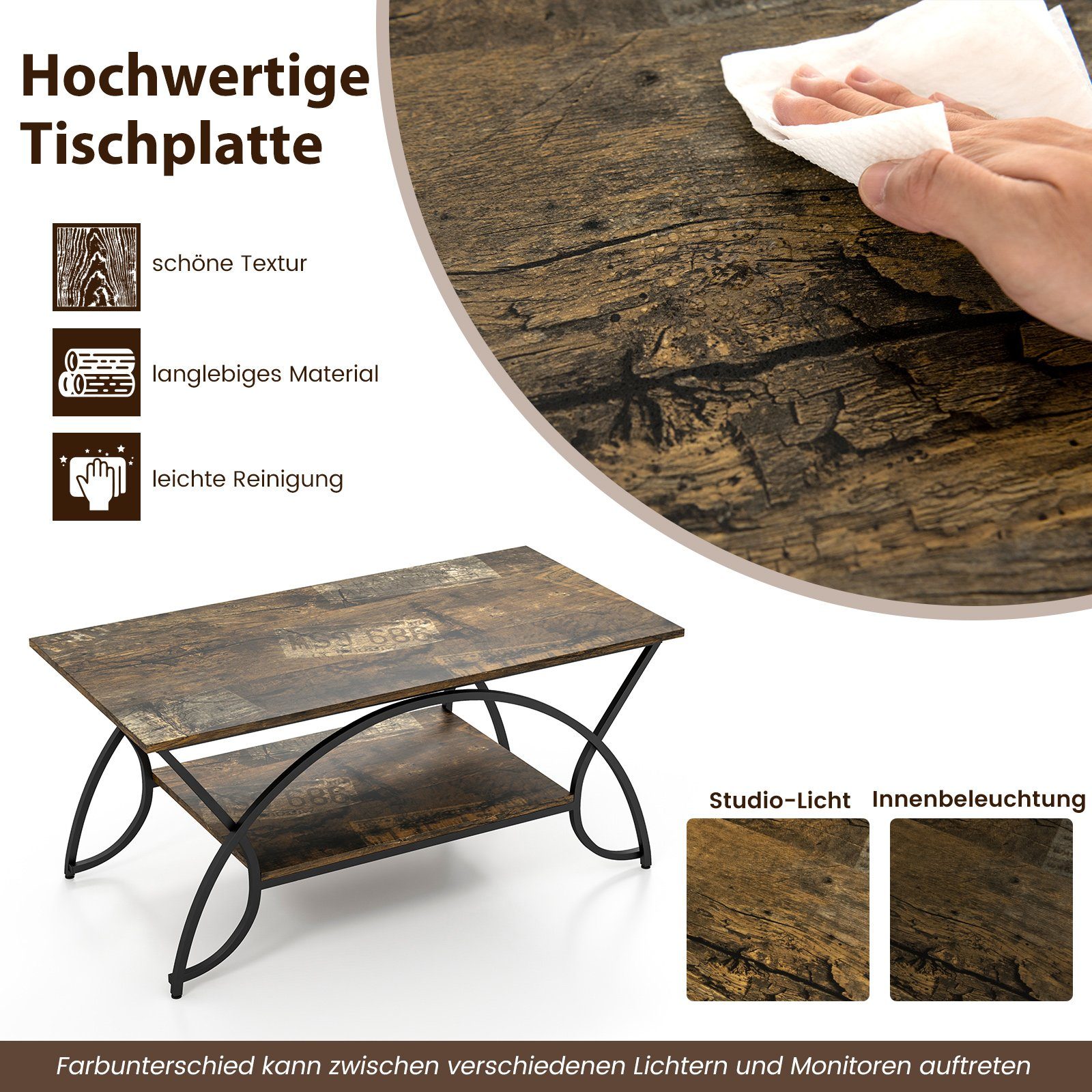 Marmor, Ablage Metallbeinen, & 100x50x45cm mit COSTWAY Couchtisch Braun goldenem