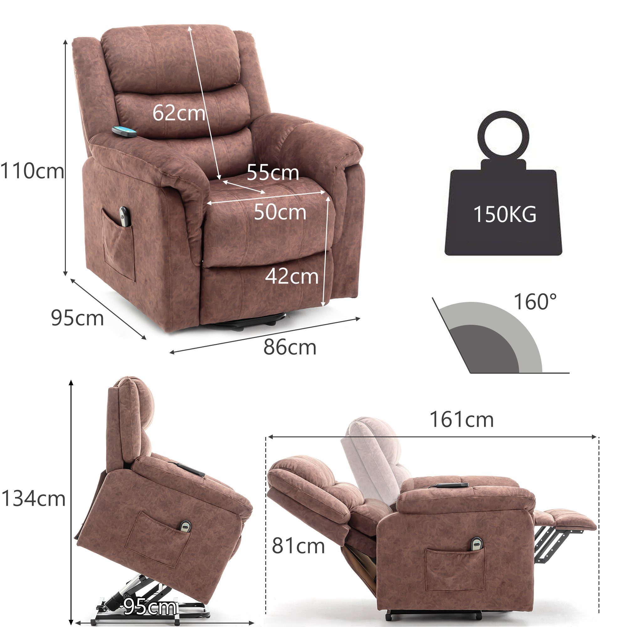 Merax Relaxsessel elektrisch TV-Sessel, Aufstehhilfe Wärme, Schokolade Massagesesel