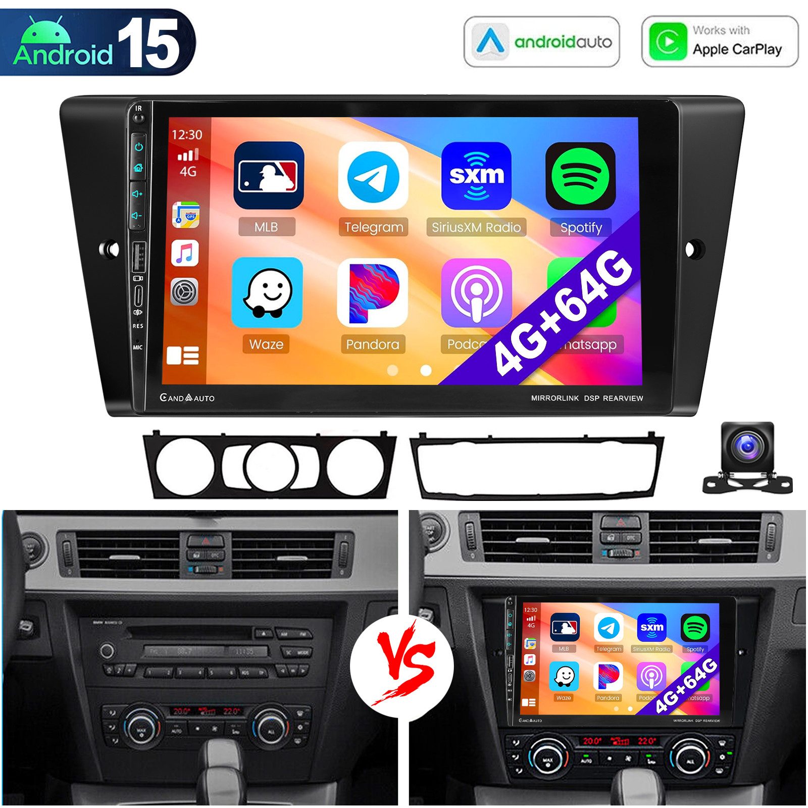 ESSGOO Für BMW 3ER E90 E91 E92 E93 Carplay RDS Android 15 Autoradio GPS Navi Autoradio (RDS, 4+64GB(optional), DAB (optional), FM, AM, DAB+ (optional), Carplay Android Auto Bluetooth EQ USB GPS Navi WIFI Touchscreen)