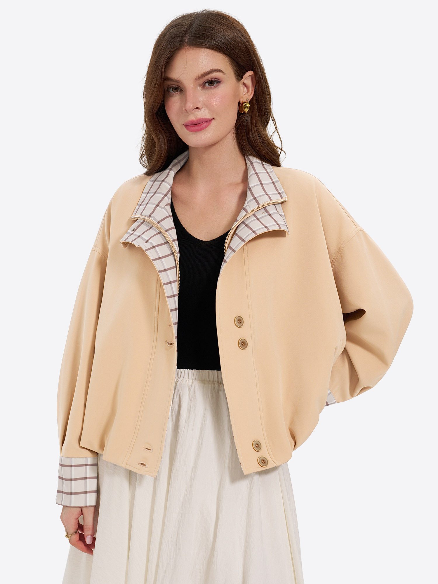 Imily Bela Kurzjacke Damen Übergangsjacke mit Karokragen (Packung, 1-St., 1per-Pack) mit Druckknöpfen