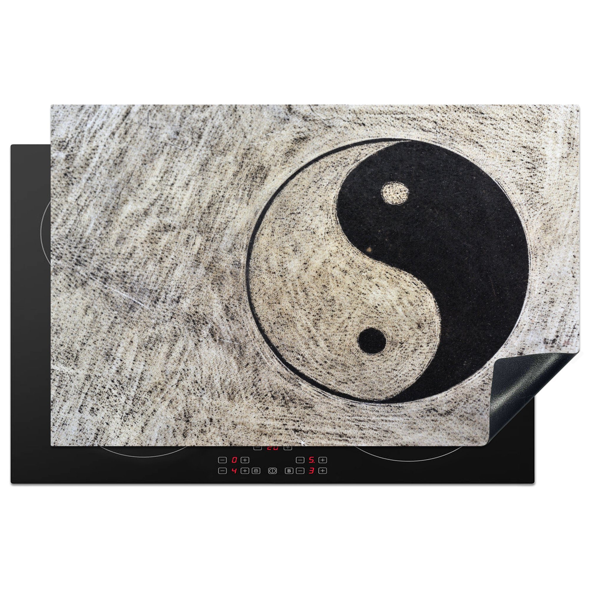 MuchoWow Herdblende-/Abdeckplatte Symbol von Yin und Yang auf grauem Hintergrund, Vinyl, (1 tlg), 81x52 cm, Induktionskochfeld Schutz für die küche, Ceranfeldabdeckung