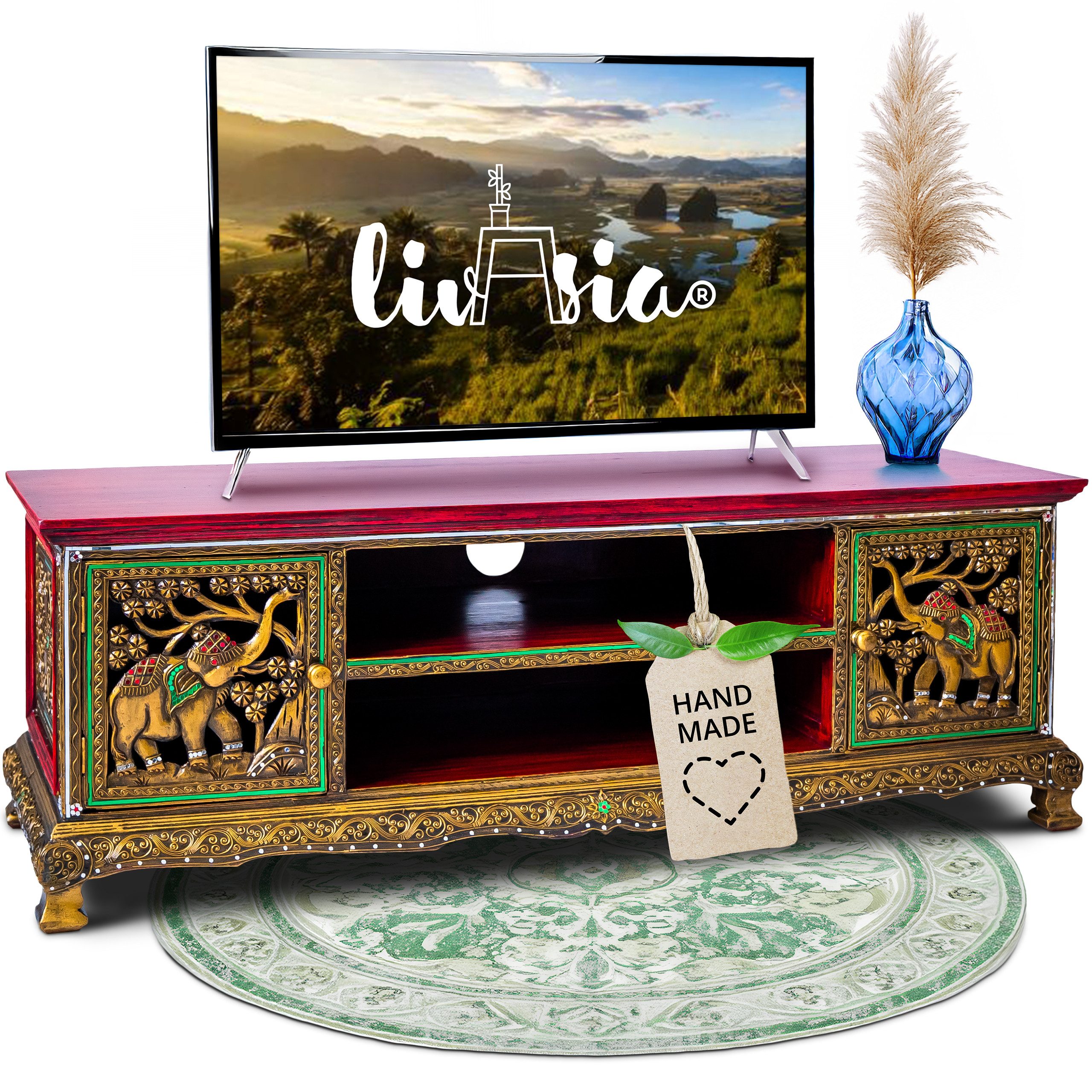 livasia TV-Board Lowboard mit Elefantenschnitzerei, Glasmosaik 130x45x50cm
