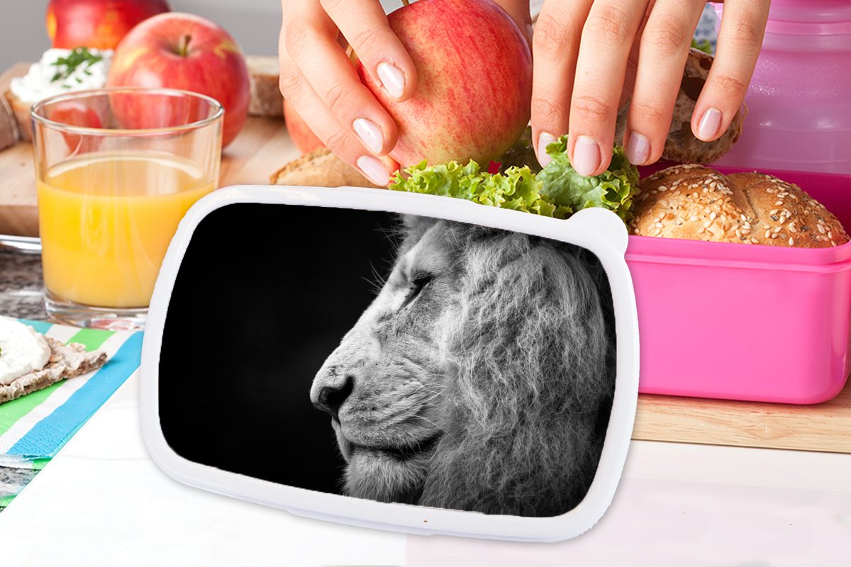 Kunststoff Mädchen, Löwe Profil (2-tlg), Kunststoff, für - Lunchbox MuchoWow - Kinder, Porträt, Erwachsene, rosa Brotdose Brotbox Snackbox,