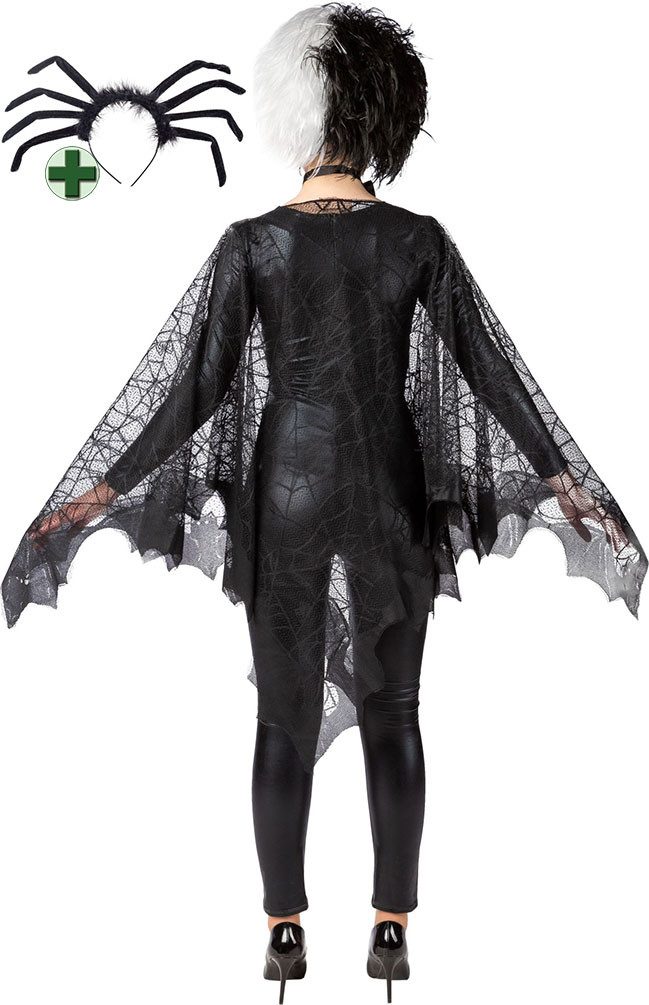 Karneval-Klamotten Kostüm Spinne Damen Grusel Spinnweben Poncho mit Haarreif, Halloweenkostüm schwarz Spinnen Umhang mit Spinne Kopfschmuck Karneval