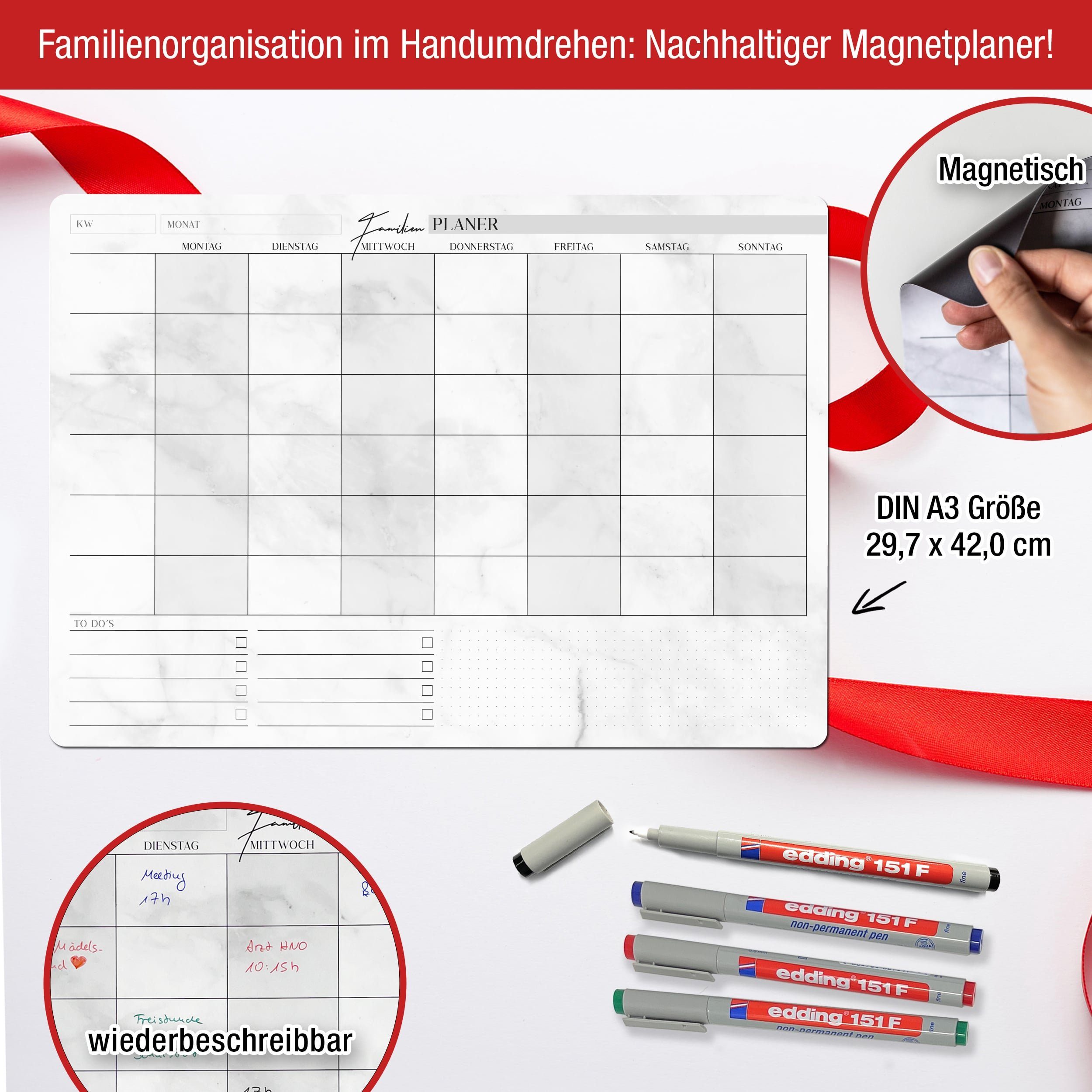 TOBJA Magnettafel A3 Familienplaner magnetisch +4 Stifte quer, Wochenplaner abwischbar Kalender – Bild 2 von 5