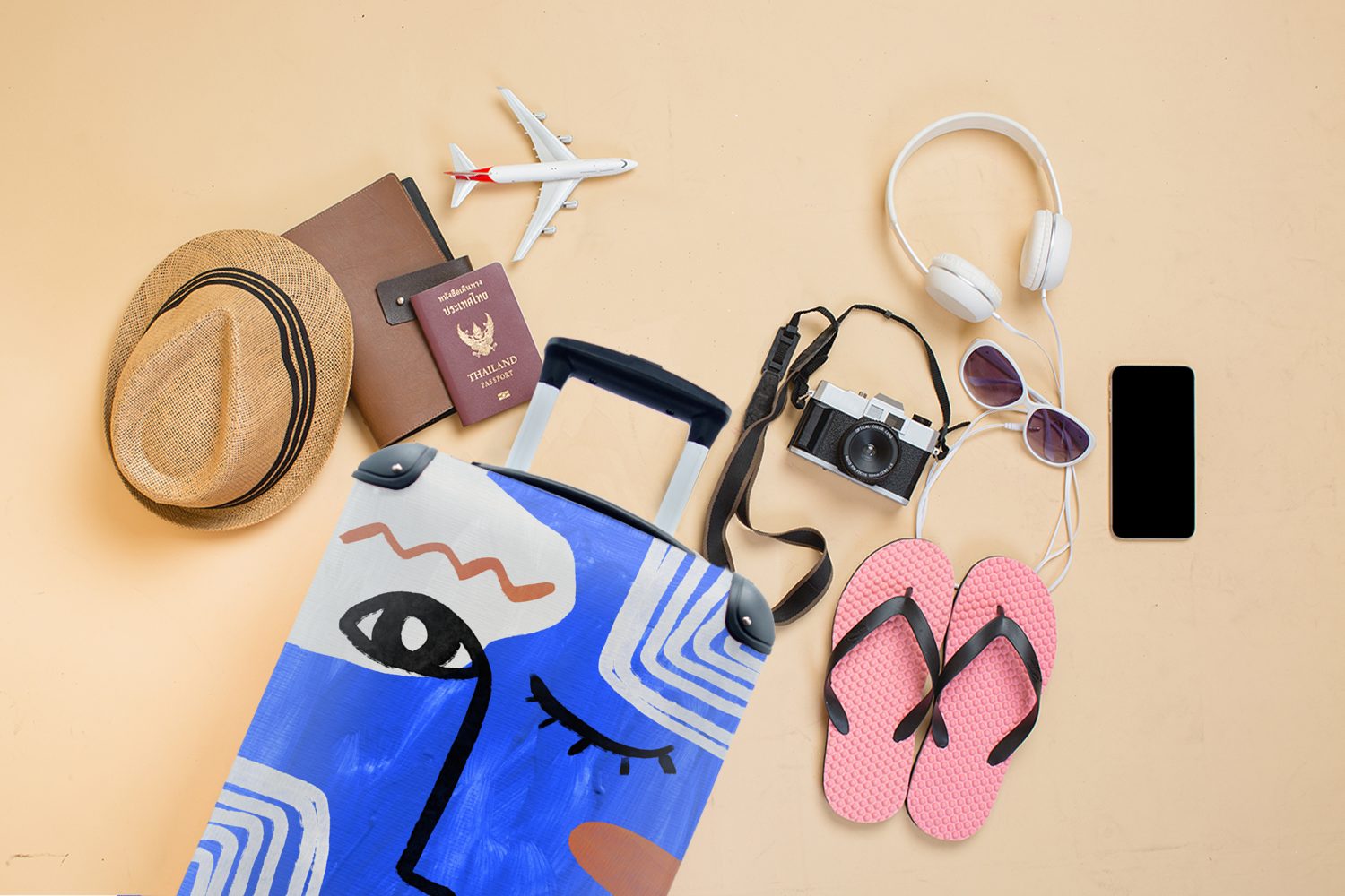 Ferien, Reisetasche Abstrakt - Rollen, 4 Reisekoffer Handgepäckkoffer Handgepäck Trolley, mit rollen, Blau, MuchoWow Gesicht für -