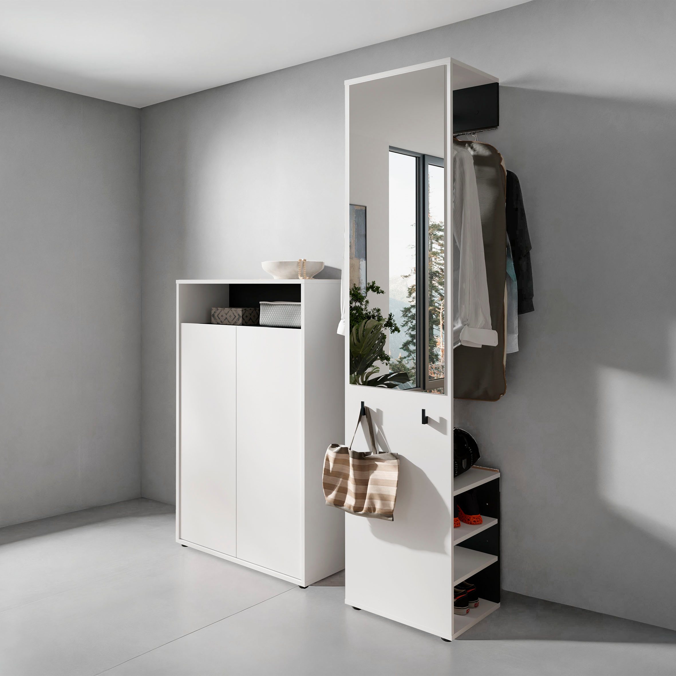 INOSIGN Garderoben-Set Lyon, platzsparender Garderobenschrank mit großem Spiegel, (Set, 2-St., 2-teilig), und Schuhkommode für bis zu 18 Paar Schuhe