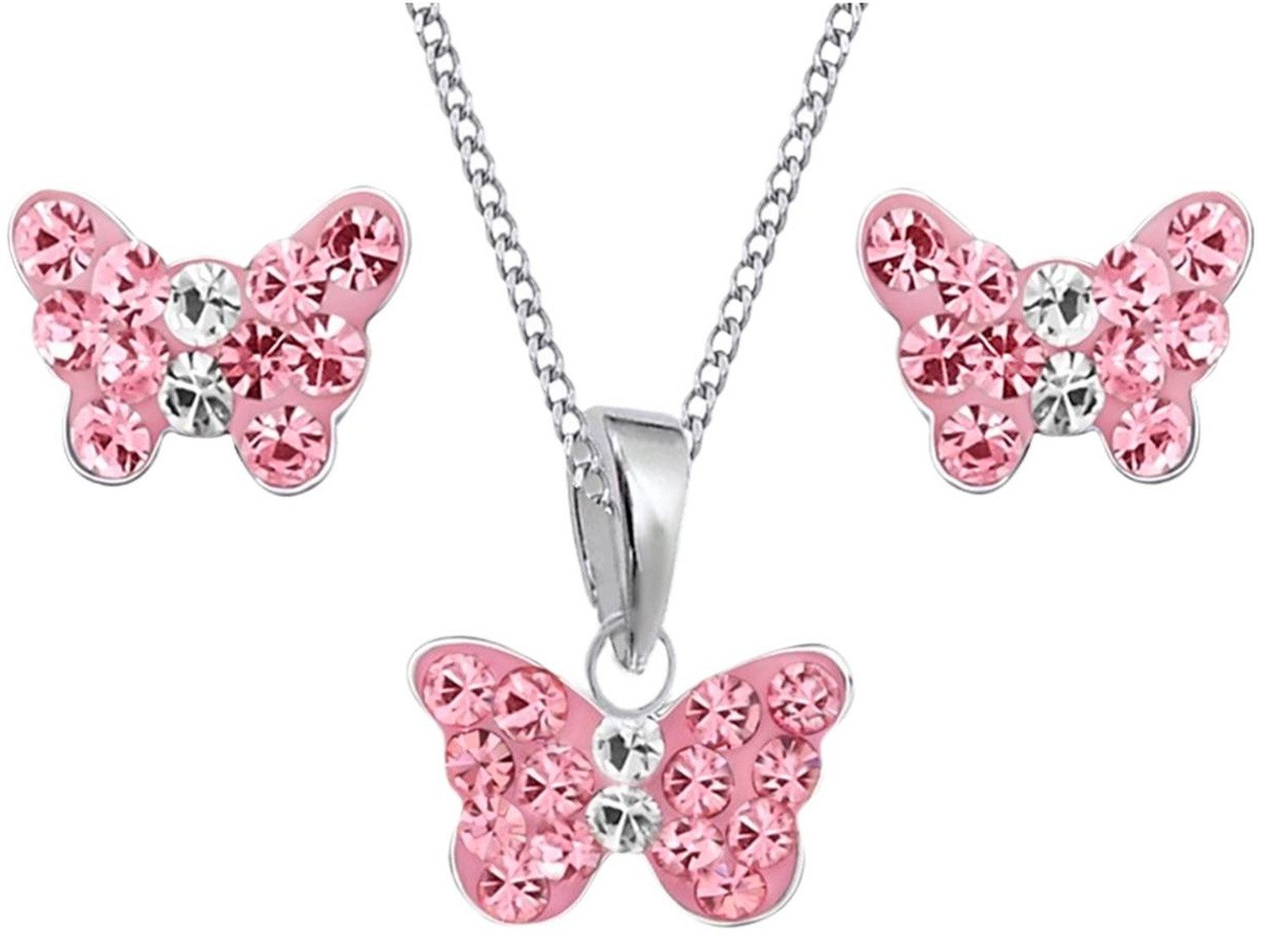Schmuckset Rosa Schmetterling Anhänger Kette Ohrstecker 925 Silber Kristall