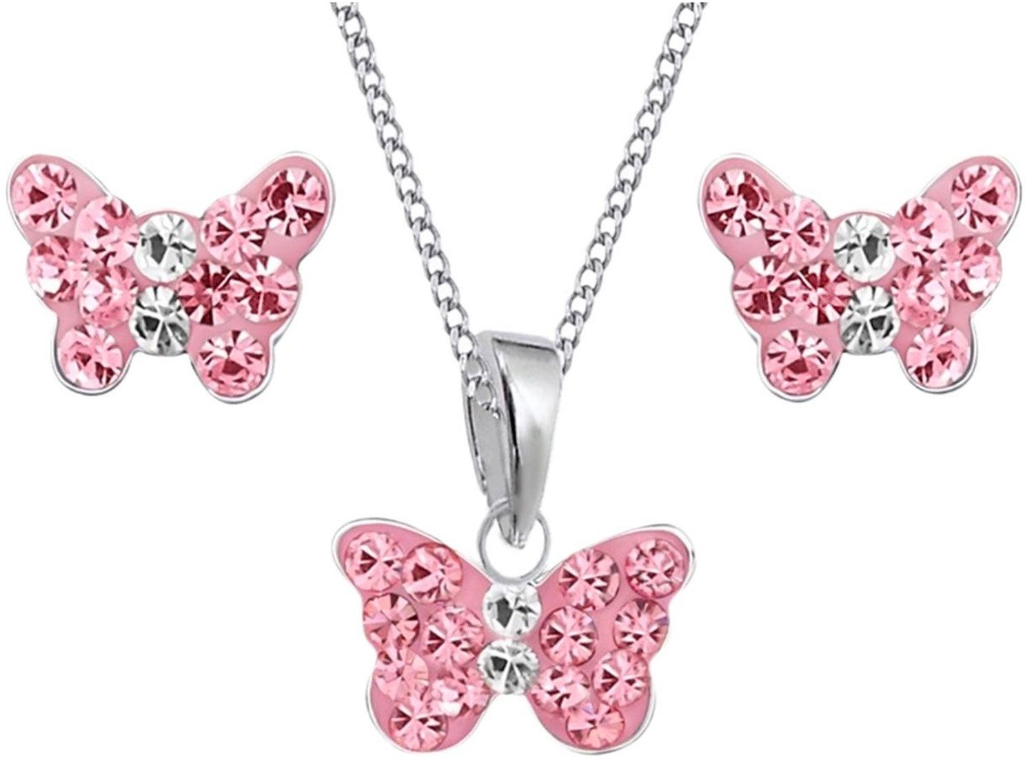 Goldene Hufeisen Schmuckset Rosa Schmetterling Anhänger Kette Ohrstecker 925 Silber Kristall (4-tlg, inkl. Etui), Kinder Geschenkset