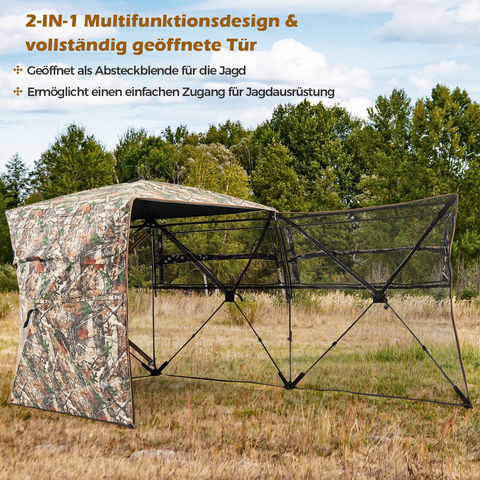 COSTWAY Angelzelt, Personen: 3, aufklappbares Jägerzelt, 360° durchsichtig