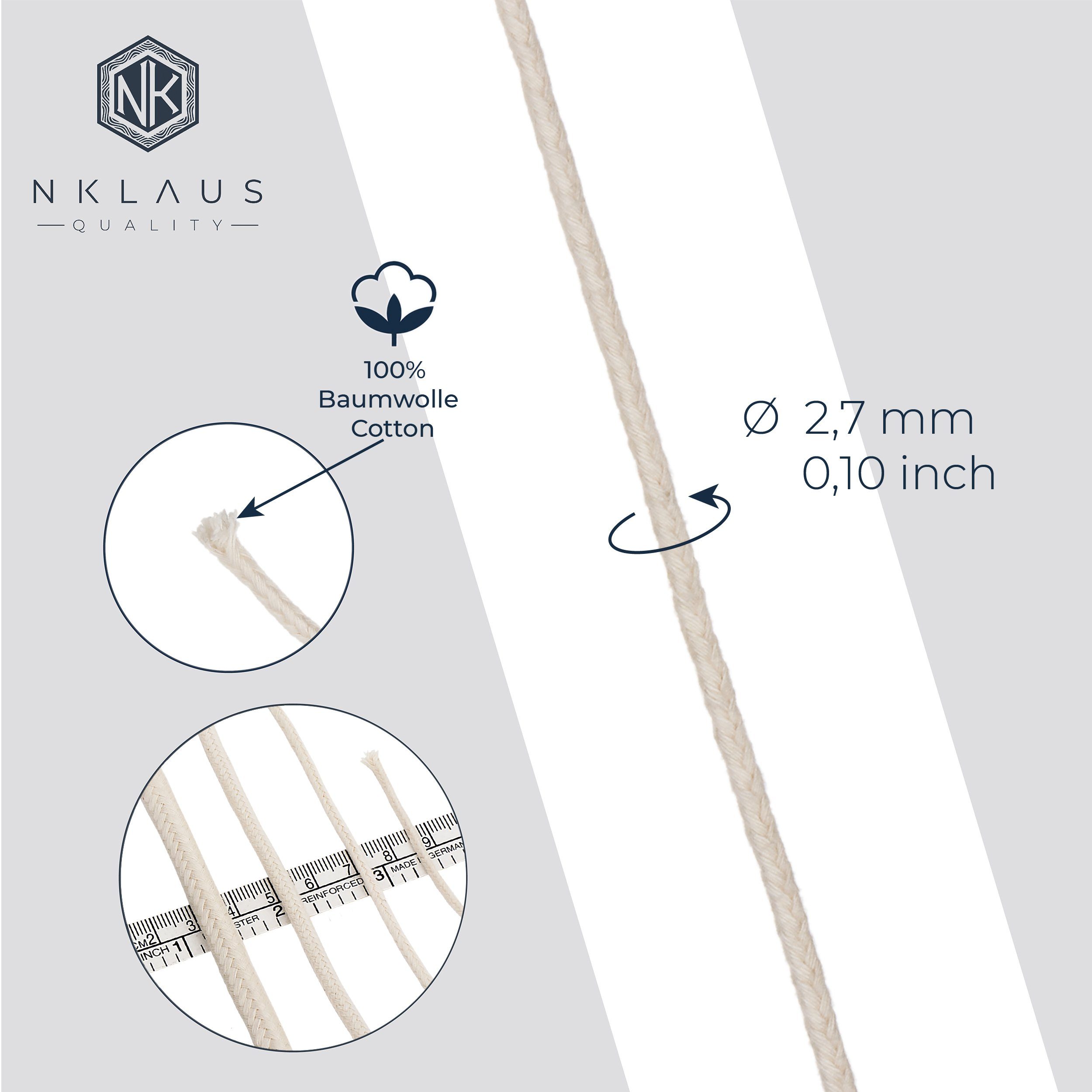 NKlaus Baumwolle 100% dünn reine Runddocht meter 5 2,7mm Windlicht