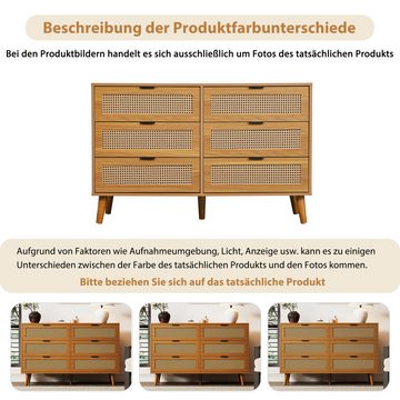 Ulife Kommode Sideboard Schubladenschrank mit 6 Schubladen, Maße: B120/H76.5/T40 cm, Sideboard Rattan geflecht, Massivholzbeine