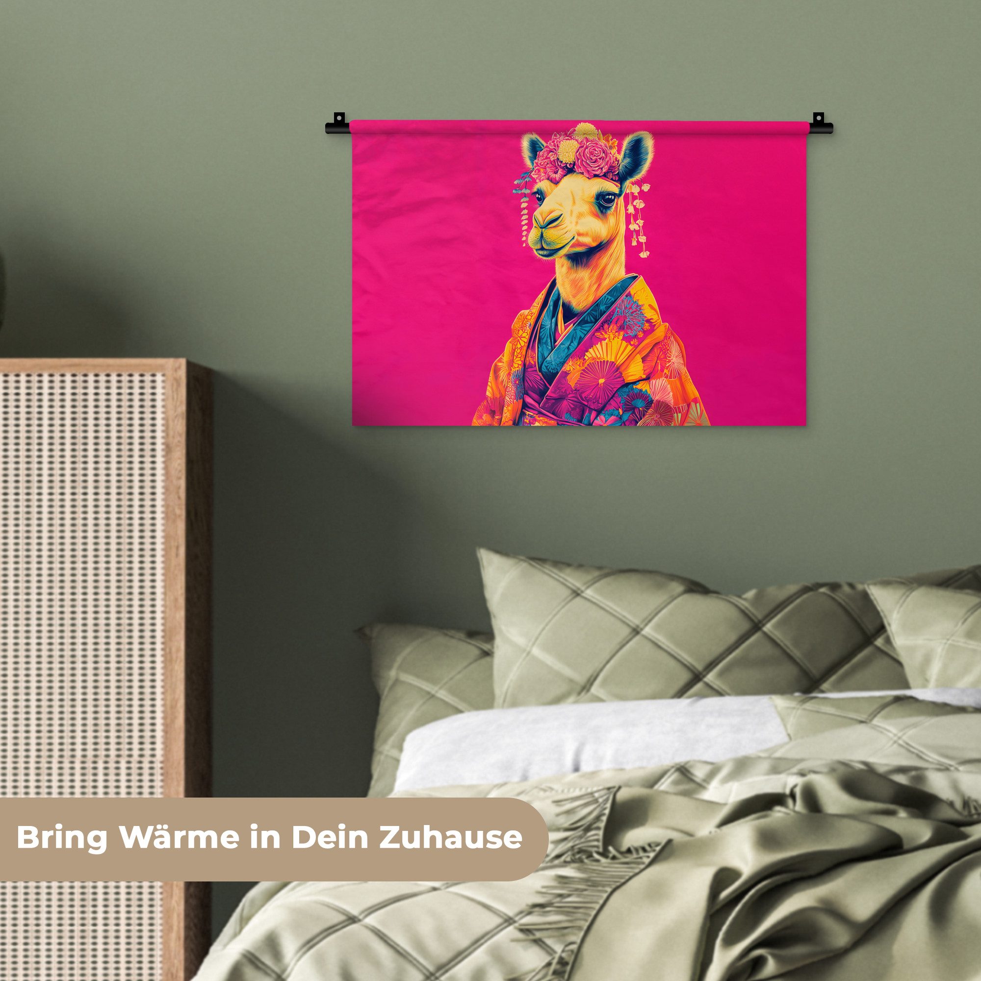 MuchoWow Wandteppich Kamel - Blumen - Kimono - Fächer, Rechteckig, Höhe: 3 mm, Wandteppich für Wohnzimmer, Schlafzimmer, 60x40 cm