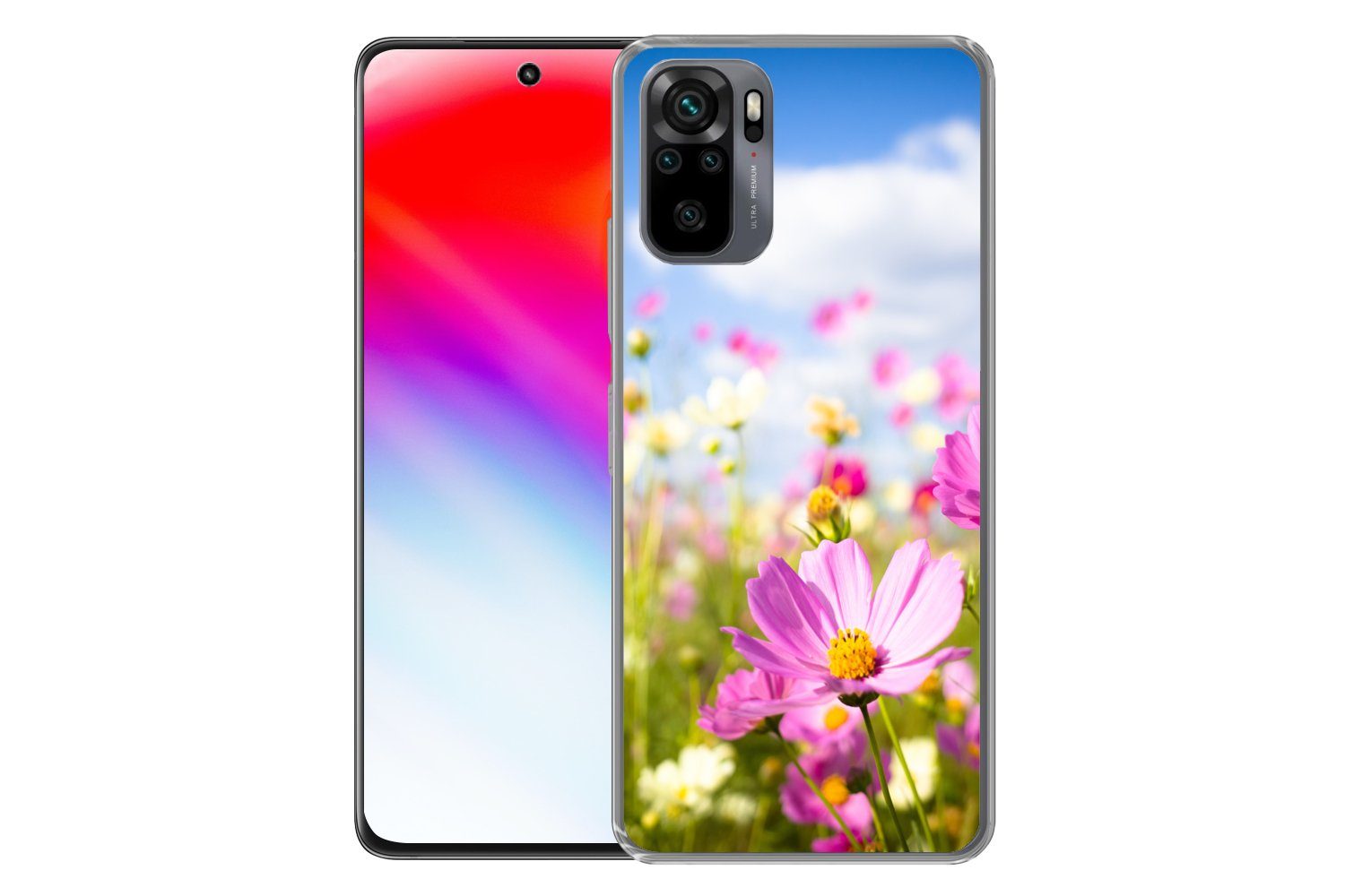 MuchoWow Handyhülle für Xiaomi Redmi Note 10S Blumen - Wiese - Lila - Gras - Weiß - Wolken, Phone Case, Silikon, Schutzhülle Dünn