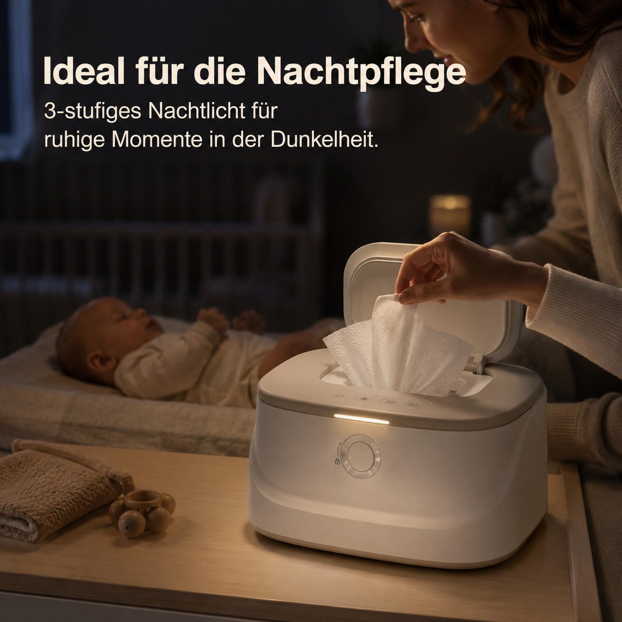 Tekoo Feuchttücherbox Baby-Feuchttuchwärmer mit 3-stufigem Nachtlicht & USB-Anschlu, 3 Temperaturstufen (50/55/60°C),Top-Heating-Technologie