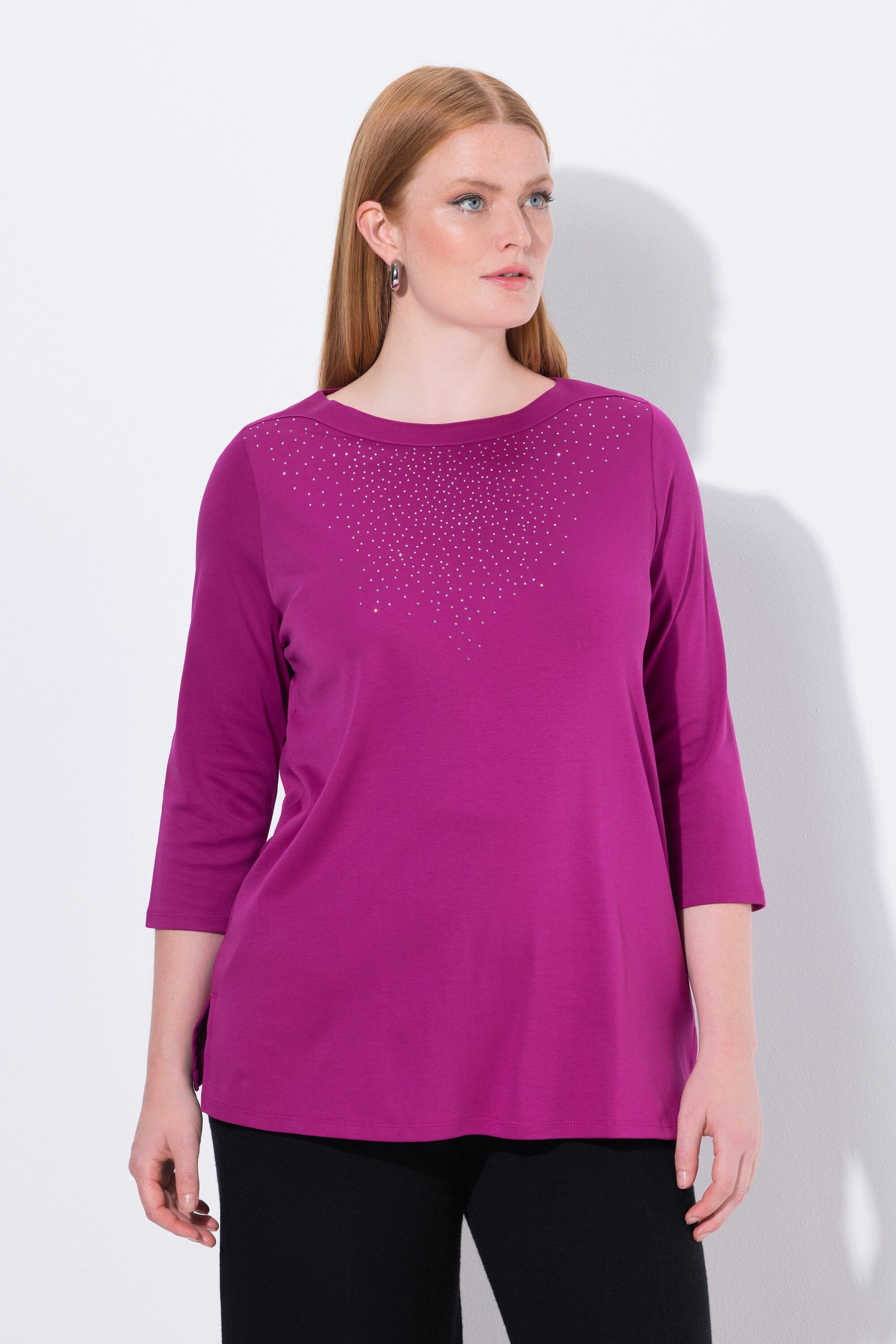 T-Shirt Shirt Ziersteine U-Boot-Ausschnitt 3/4-Arm