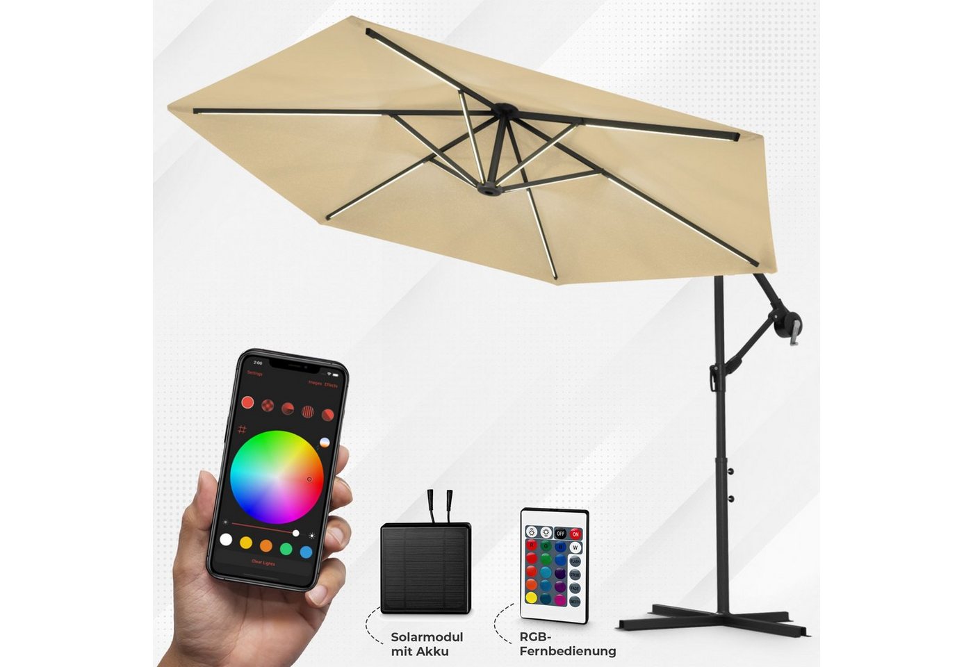 Swing&Harmonie Sonnenschirm mit RGB Beleuchtung LED Ampelschirm Garten Schirm, 300 / 350 cm inkl. Fernbedienung, APP Steuerung beige Rabatt: 54 %
