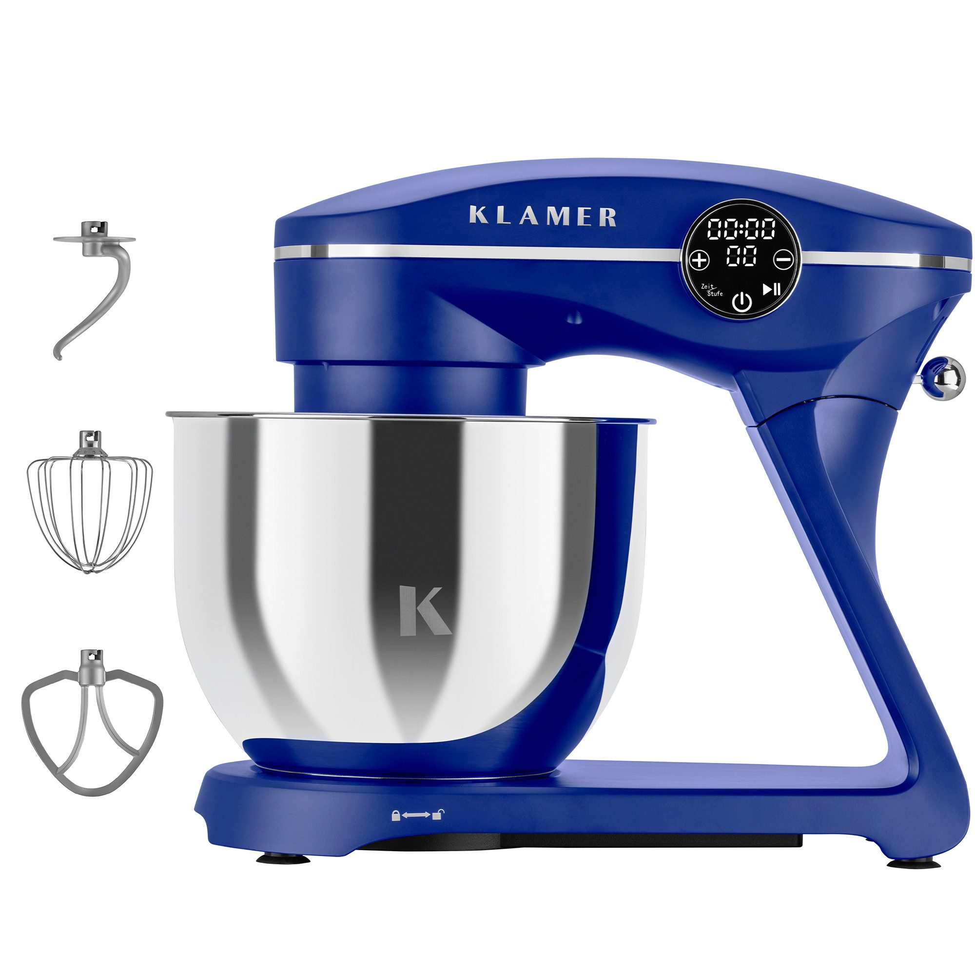 KLAMER Küchenmaschine, 1800 W, 6 l Schüssel, Spritzschutz, 3 Werkzeuge, Saugfüße, digitales Display, Timer