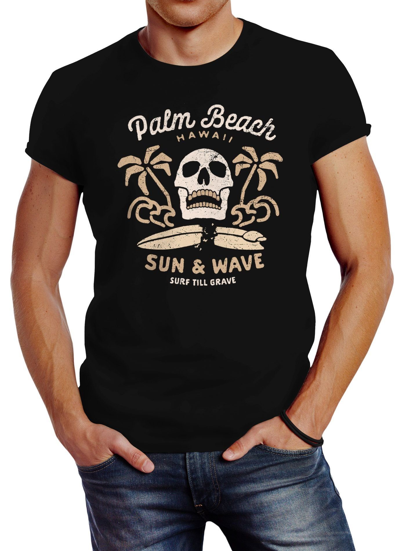 Neverless Print-Shirt Herren mit Beach Surf-Motiv Palm Print T-Shirt Totenkopf Neverless®