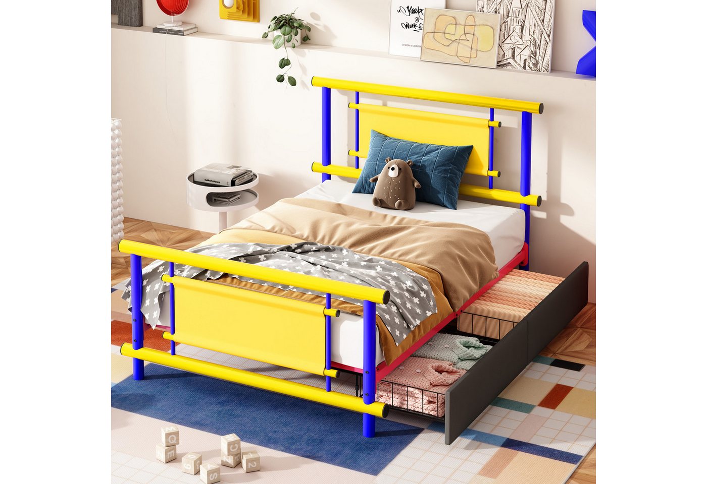 Odikalo Metallbett Kinderbett Einzelbett 90×200 mit Schubladen (Metallbettgestell für Kinder Metall-Plattformbett in leuchtenden Farben robuste Stahlkonstruktion Platzsparendes Einzelbett für Jungen und Mädchenzimmer)