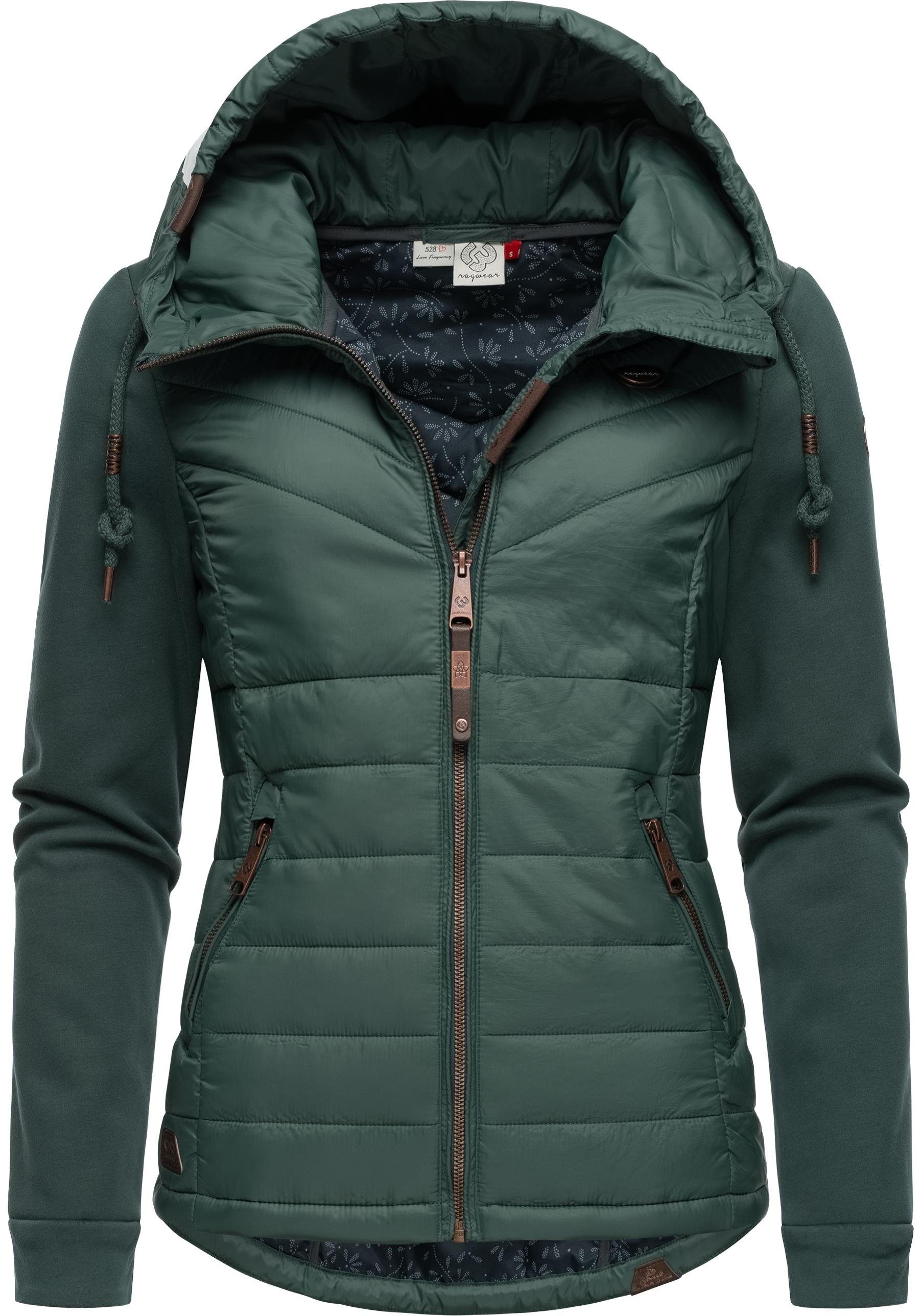 Ragwear Kapuze dunkelgrün Steppjacke Materialmix Outdoorjacke mit Lucinda aus modernem