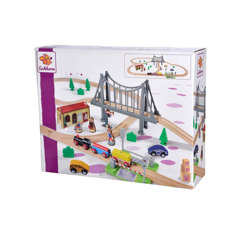 Eichhorn Spielzeug-Zug Eichhorn - Holz-Bahnset mit Brücke und E-Lok - 56-tlg., (56-tlg)