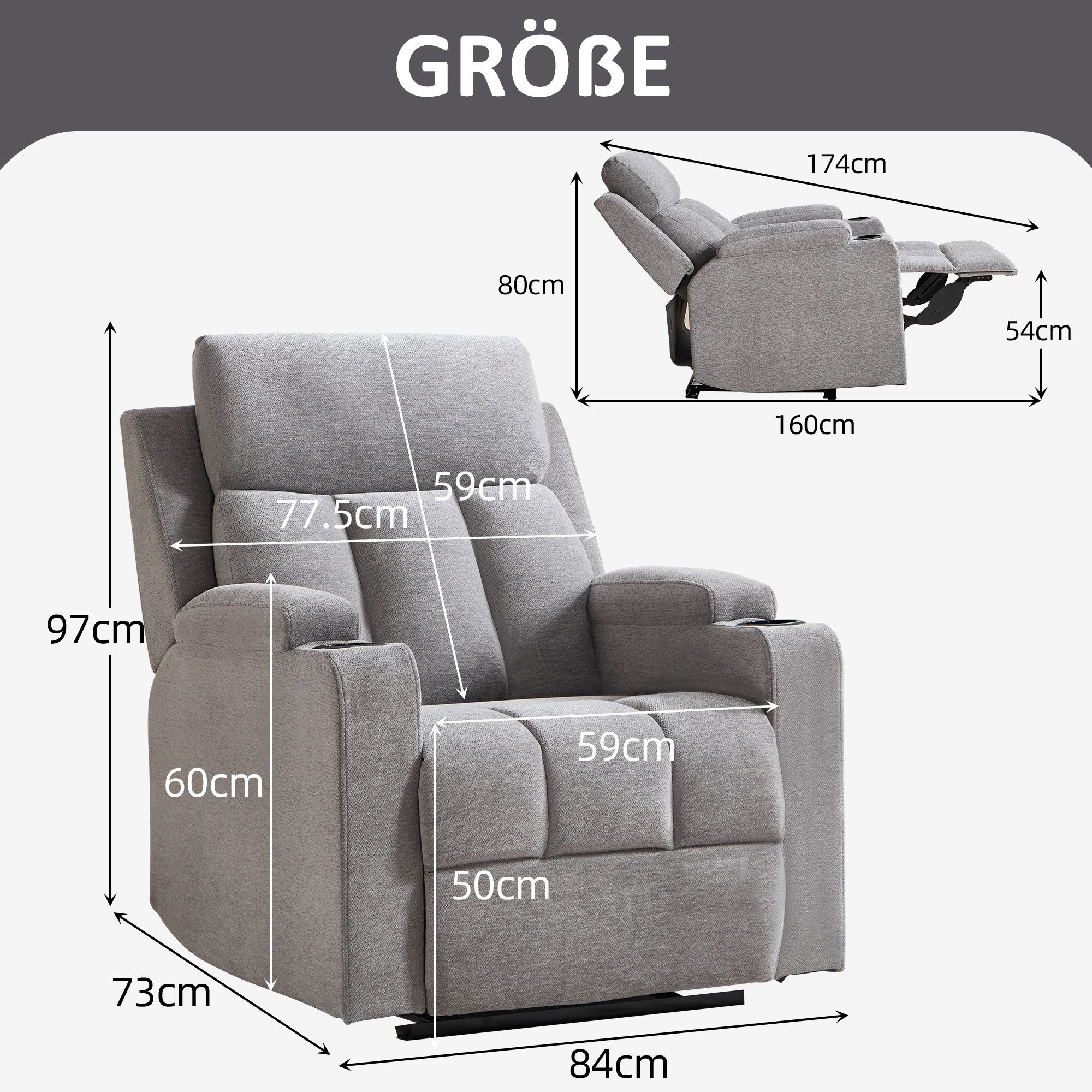 CANMOV Relaxsessel Canmov Fernsehsessel mit Liegefunktion,TV Sessel, Ruhesessel (1-St), Manueller Relaxsessel mit Verstellbarer Rückenlehne und Fußstütze