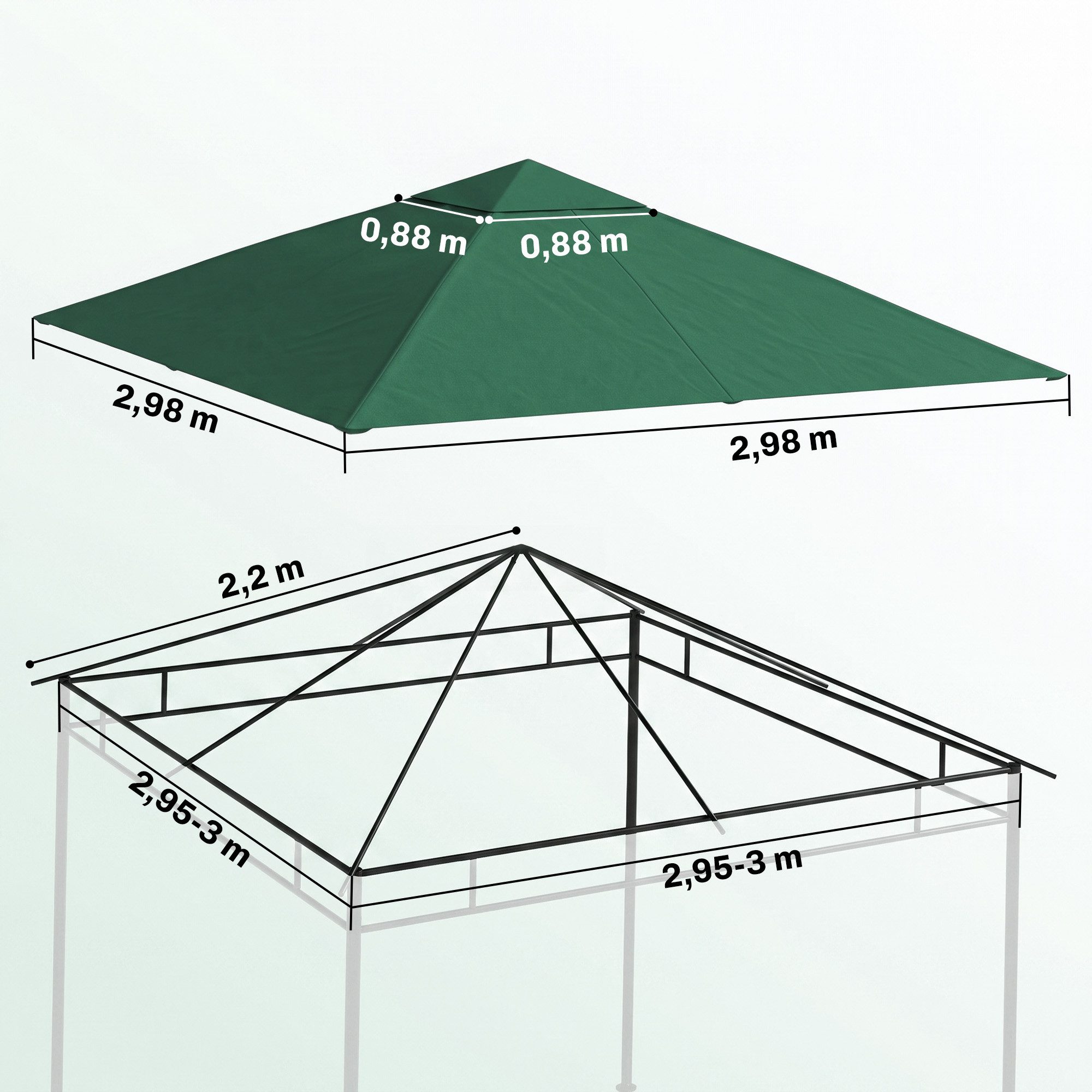 Outsunny Pavillon-Ersatzdach Ersatzbezug Ersatzteile aus Polyester-Stoff, grün, 180 g/m², 298 x 298 cm (Ersatzdach, Pavillondach), 298x298 für Metall-Gartenpavi – Bild 3 von 5