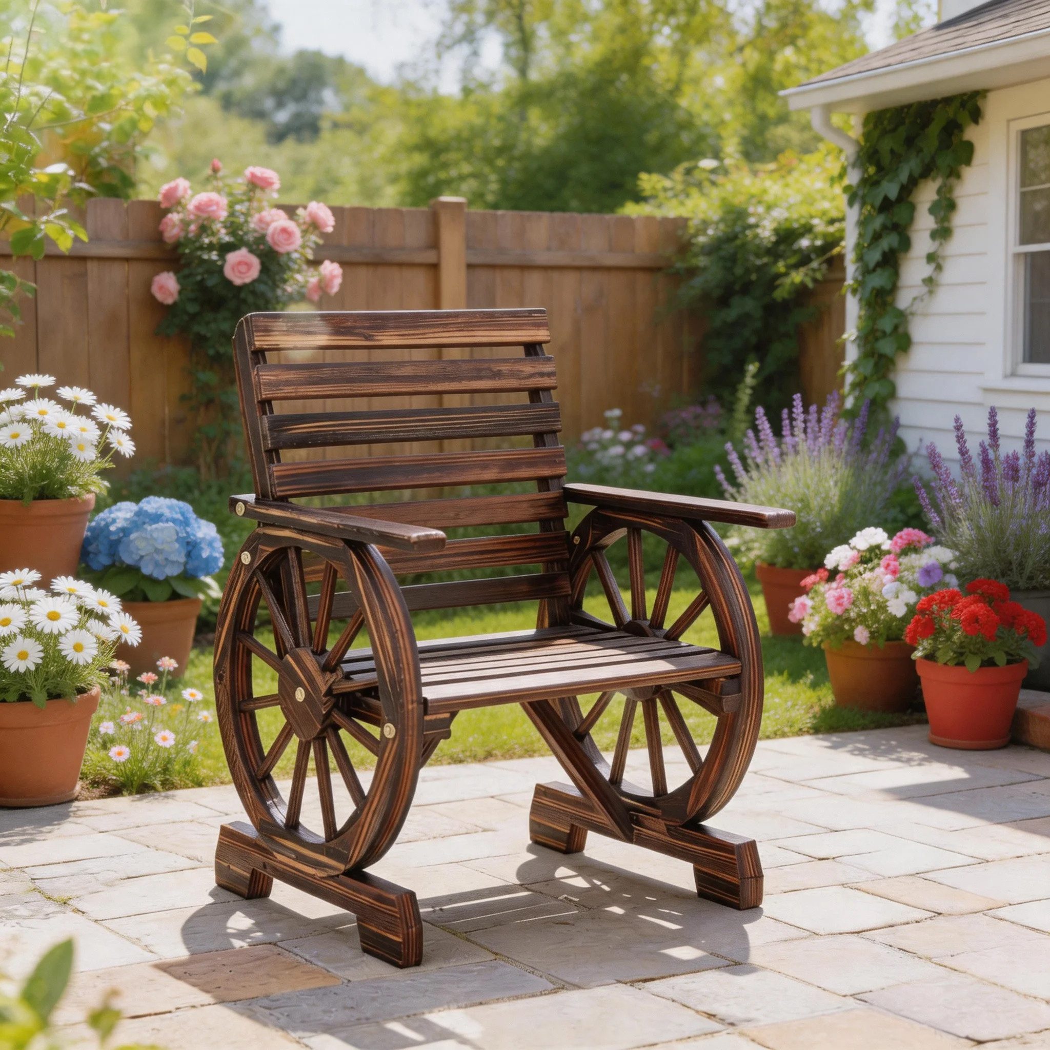CHICFURN Gartenstuhl Holz Gartensessel mit Wagenrad-Design im Landhausstil Verkohlt (Packung, 1 St), Rustikaler Holzsessel für Garten & Terrasse, Maße bitte ergänzen